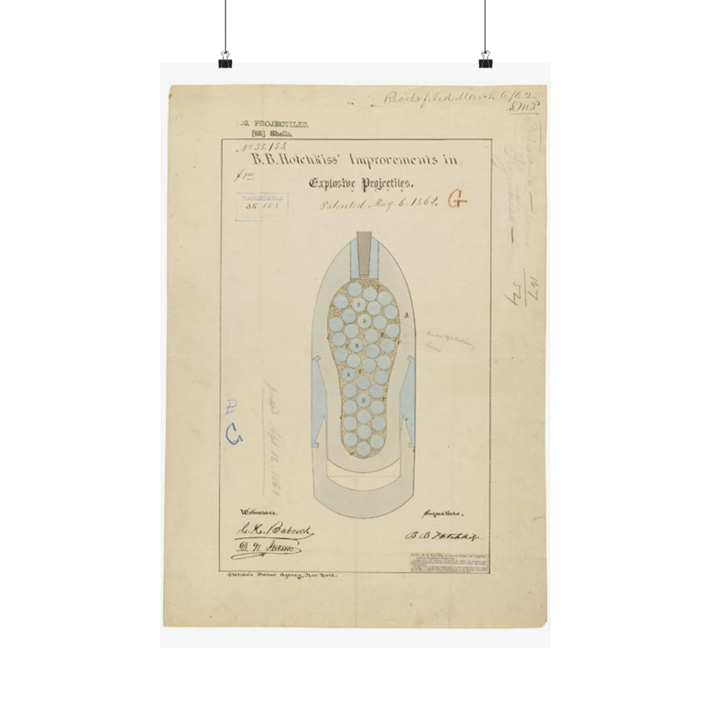 Patent drawing - Drawing of Improvements in Explosive Projectiles Public domain image High Quality Matte Wall Art Poster for Home, Office, Classroom