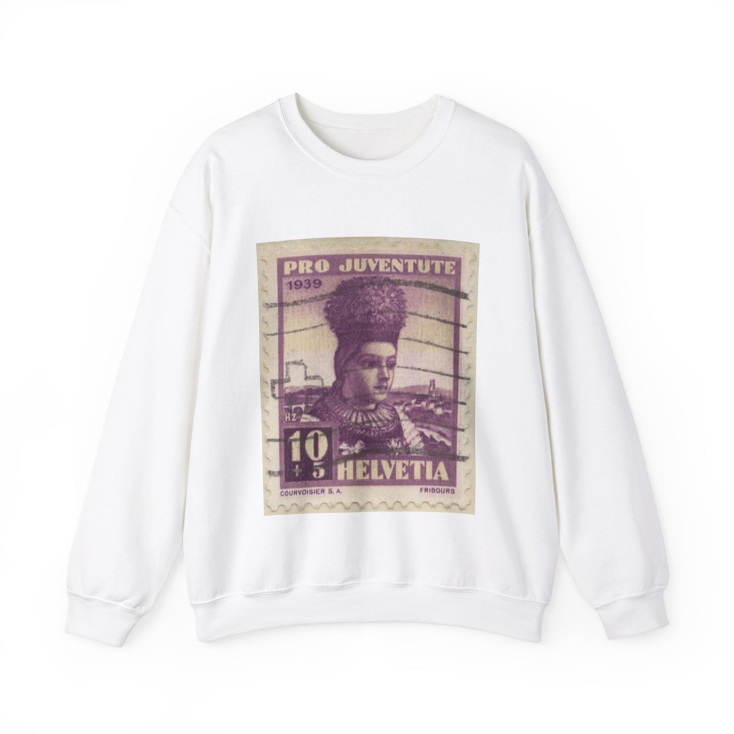Frimärke ur Gösta Bodmans filatelistiska motivsamling, påbörjad 1950.Frimärke från Schweiz, 1939. Motiv av kvinnodräkt, Freiburg. White Heavy Blend Adult Crew Neck SweatShirt