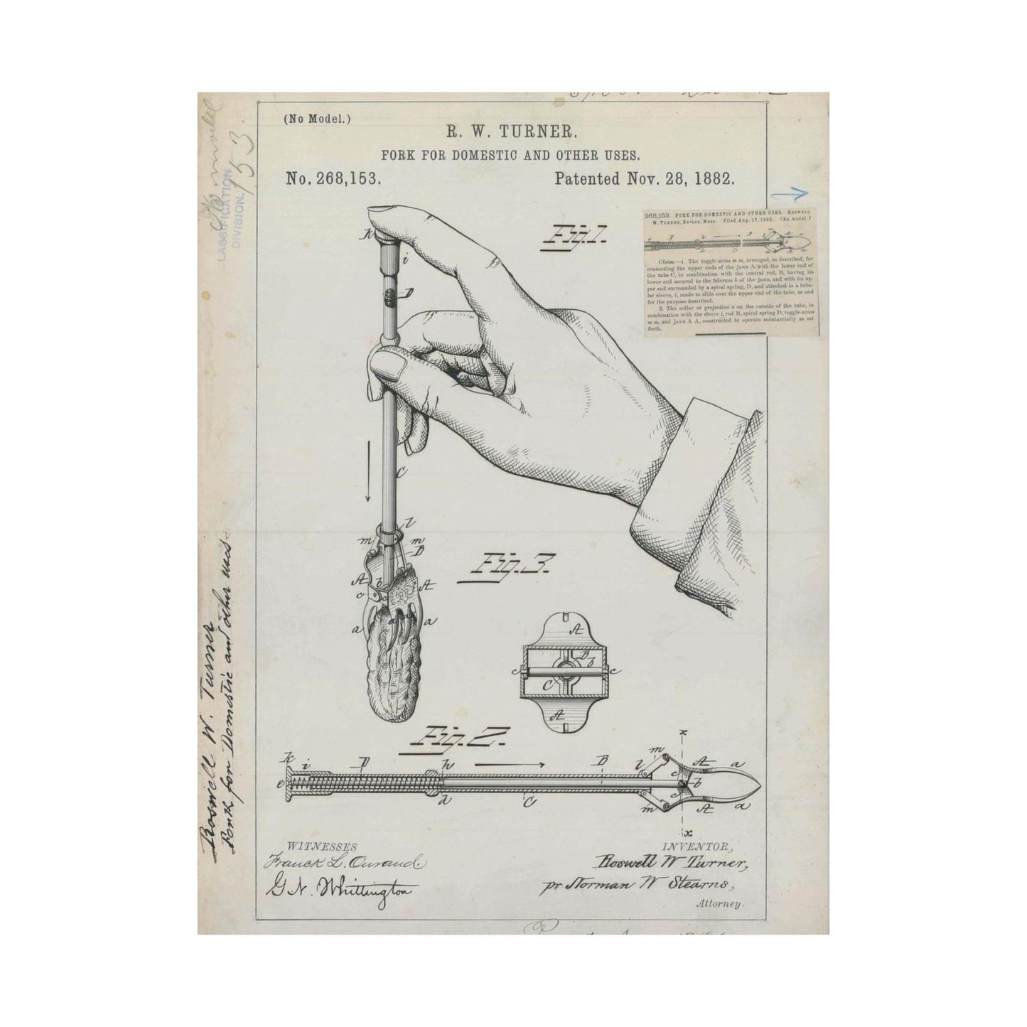Patent drawing - for R. W. Turner's Fork for Domestic and Other Uses Public domain image High Quality Matte Wall Art Poster for Home, Office, Classroom