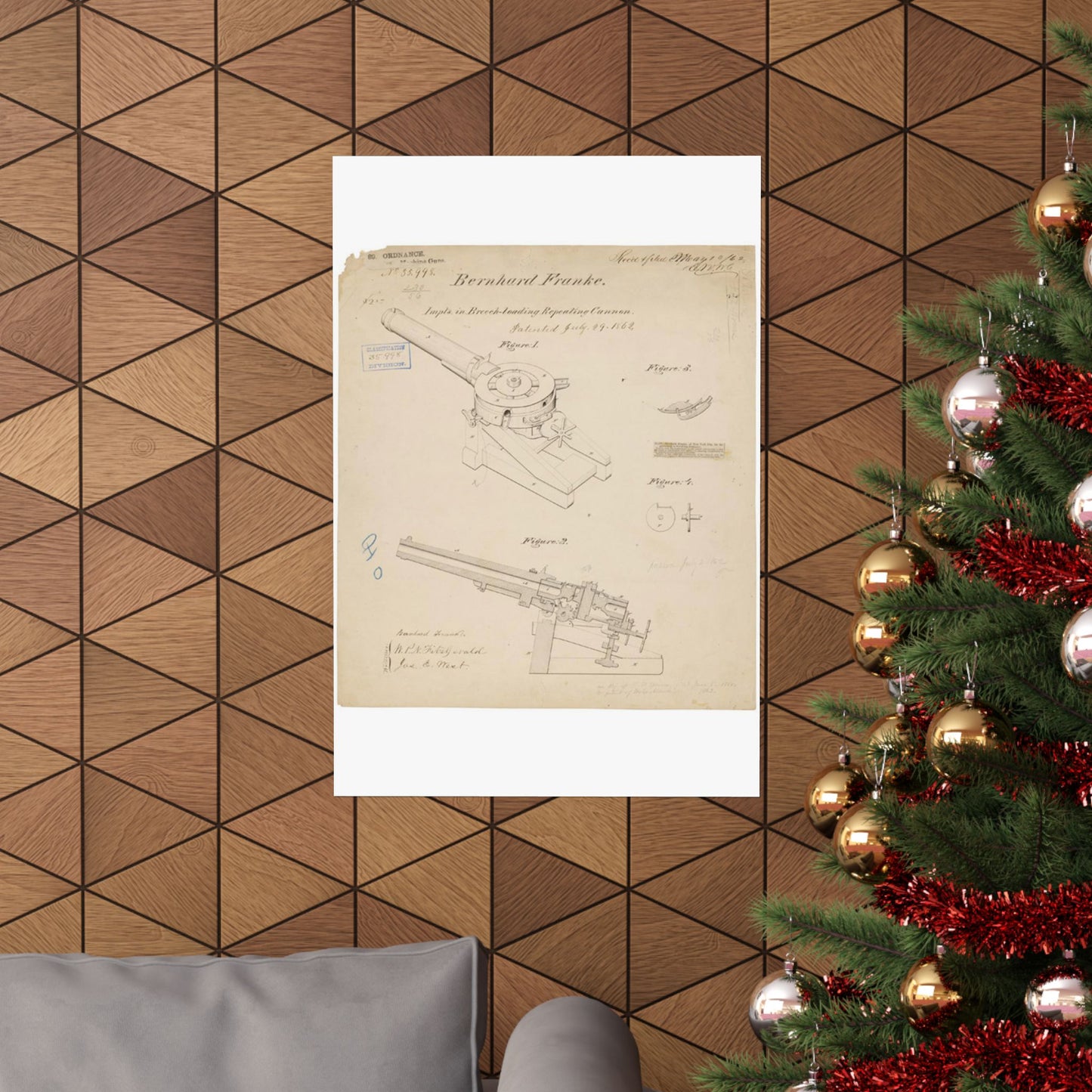 Patent drawing - Drawing of Improvements in Breech-Loading Repeating Cannon Public domain image High Quality Matte Wall Art Poster for Home, Office, Classroom