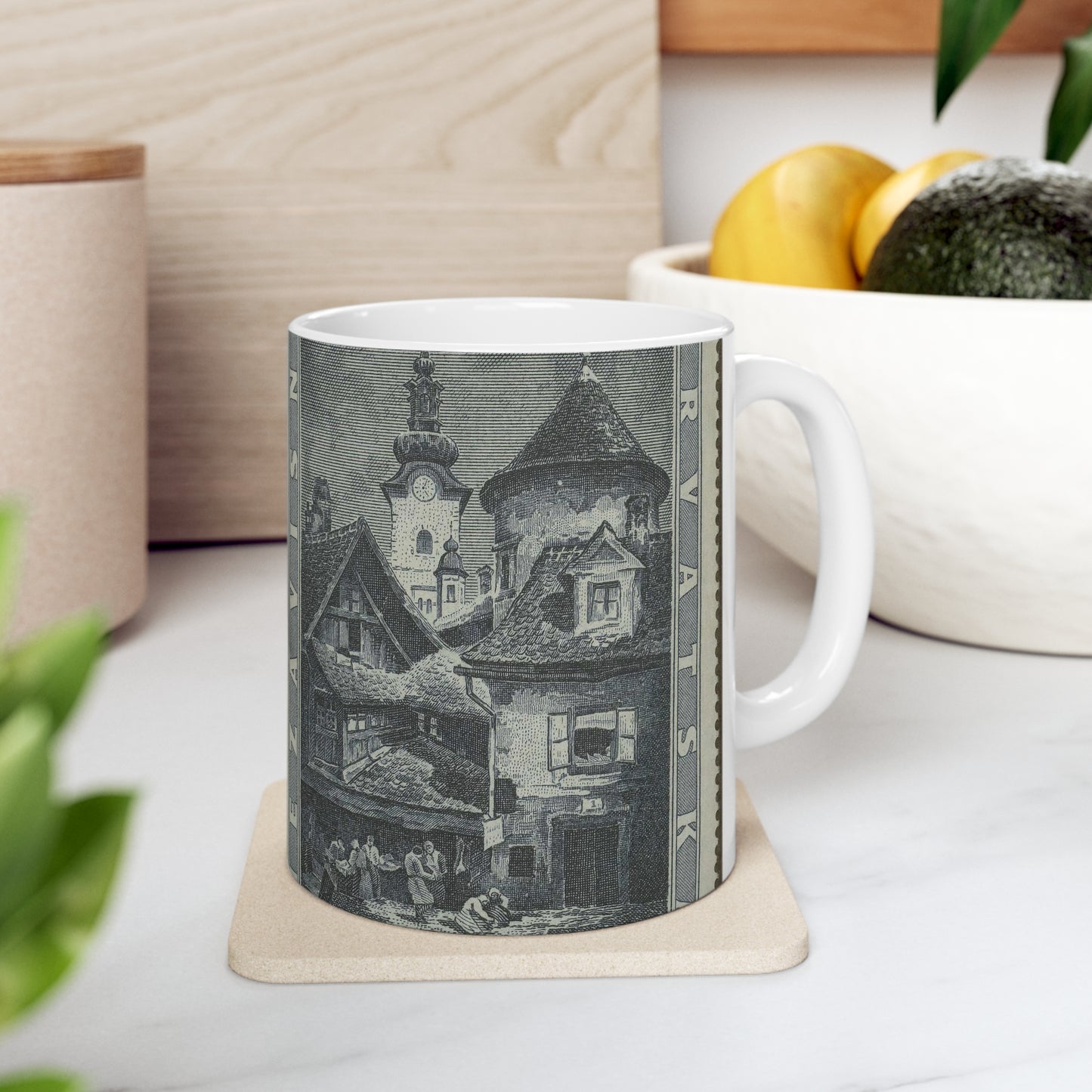 Frimärke ur Gösta Bodmans filatelistiska motivsamling, påbörjad 1950.Frimärke från Kroatien, 1943. Motiv av kyrkan St. Marie och Cistercienserklostret år 1950. "Till Filateliutställningen i Zagreb 1943". Beautiful Novelty Ceramic Coffee Mug 11oz