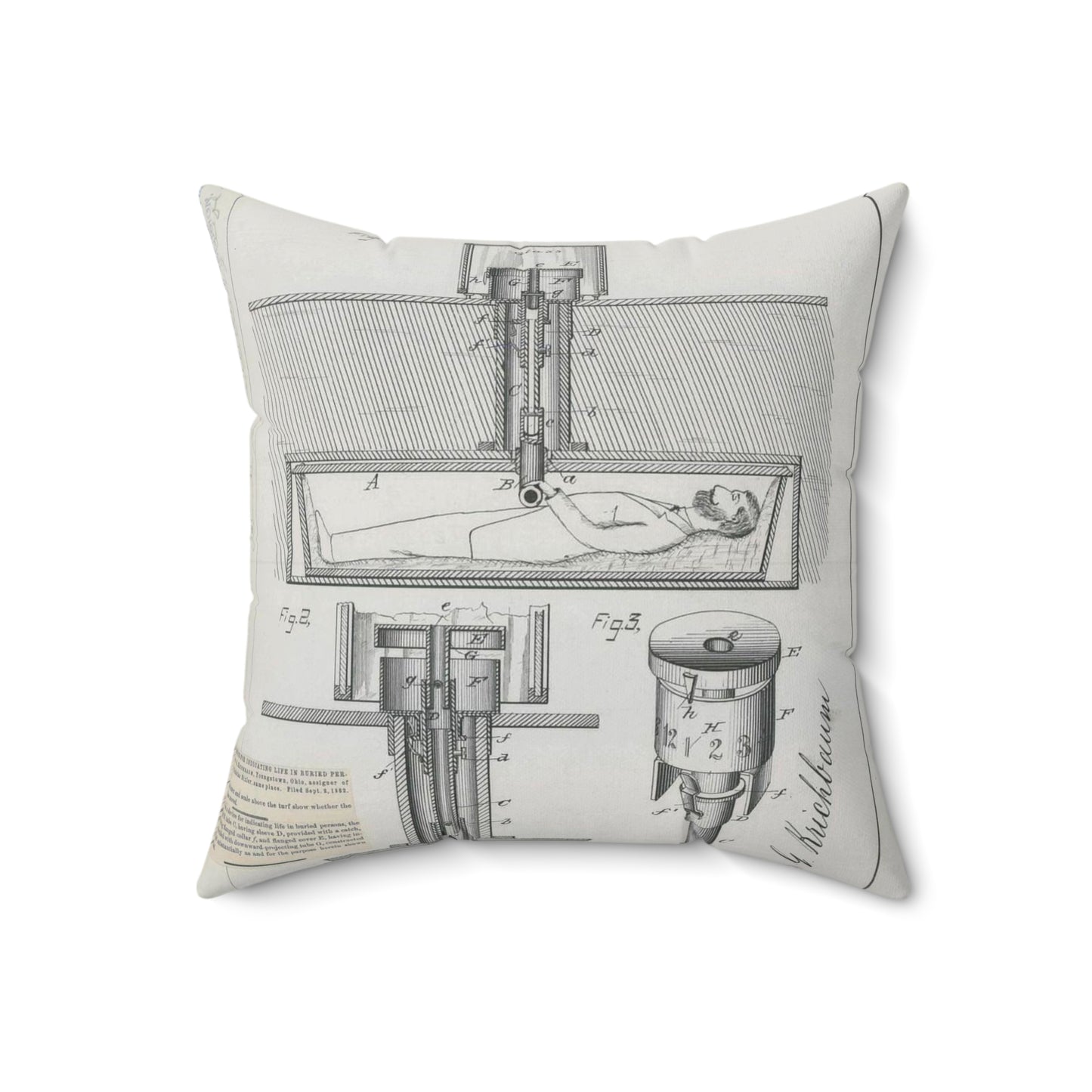 Patent drawing - for J. G. Krichbaum's Device for Indicating Life in Buried Persons Public domain image Decorative Accent Square Pillow