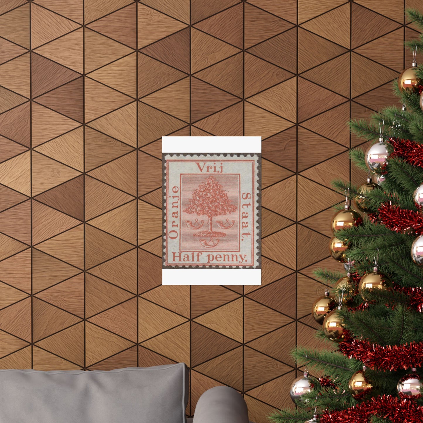 Frimärke ur Gösta Bodmans filatelistiska motivsamling, påbörjad 1950.Frimärke från Oranje -Fristaten. Motiv av apelsinträd med frukter och posthorn. High Quality Matte Wall Art Poster for Home, Office, Classroom