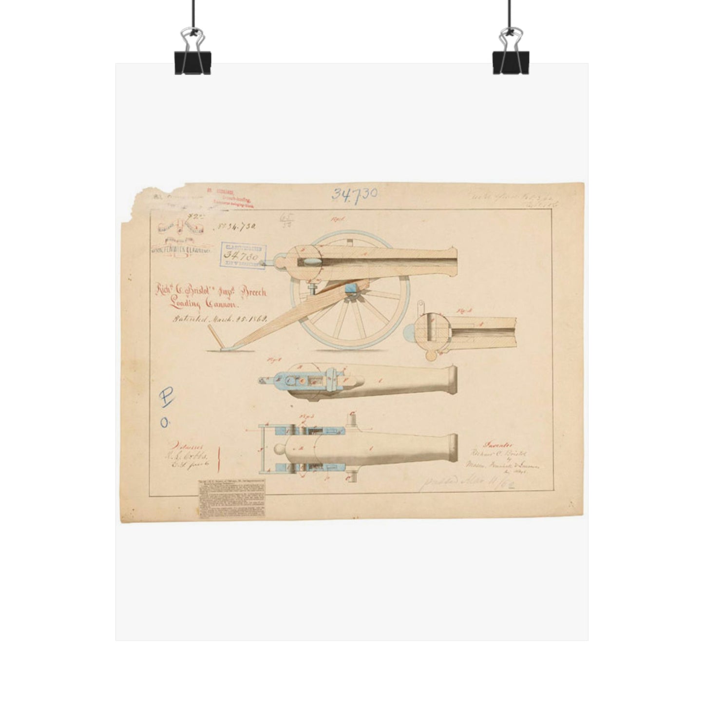 Patent drawing - Drawing of Improved Breech Loading Cannon Public domain image High Quality Matte Wall Art Poster for Home, Office, Classroom