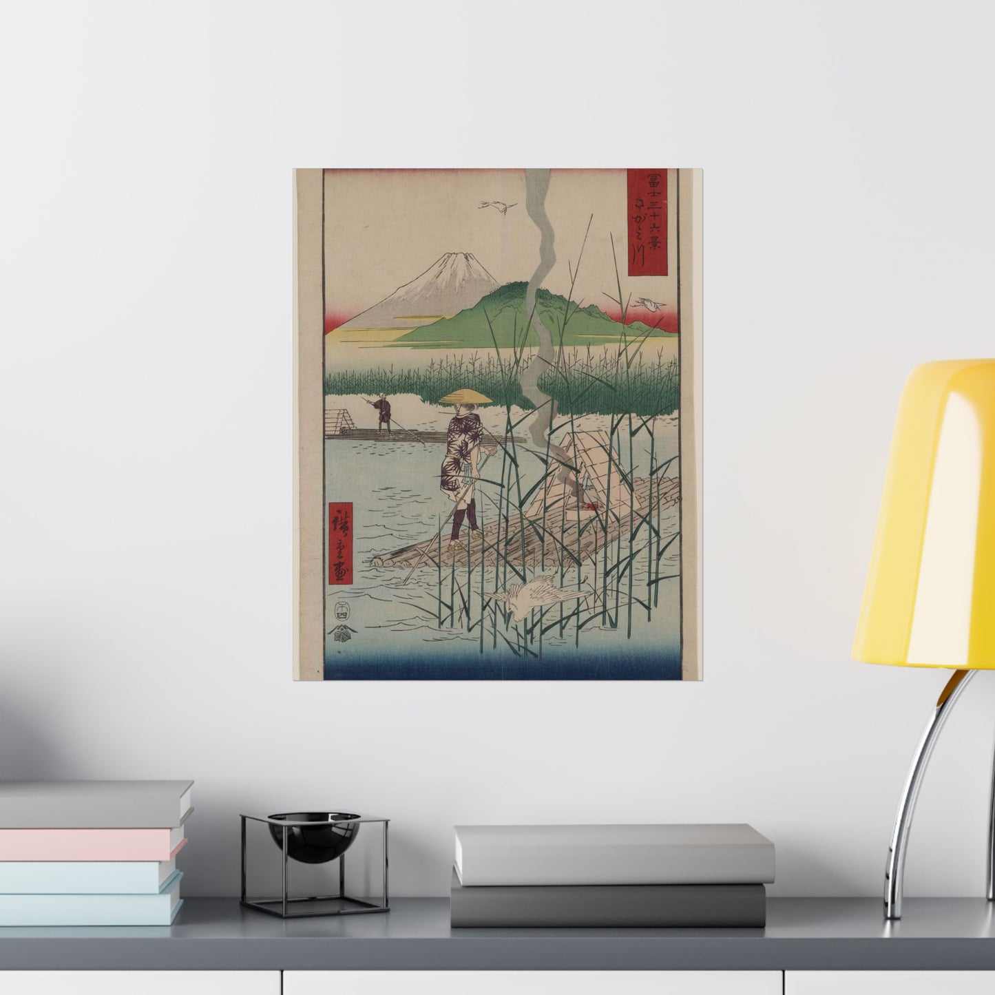 18 - The Sagami River - A painting of a man standing on a boat in a body of water High Quality Matte Wall Art Poster for Home, Office, Classroom