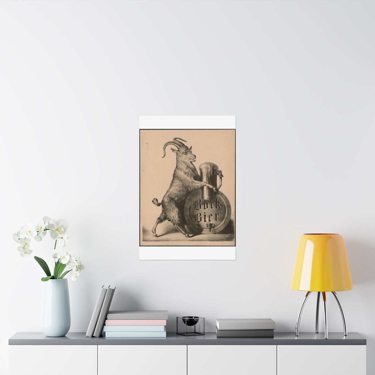 Bock Bier goat on hind legs, holding large mug of beer with front hooves High Quality Matte Wall Art Poster for Home, Office, Classroom