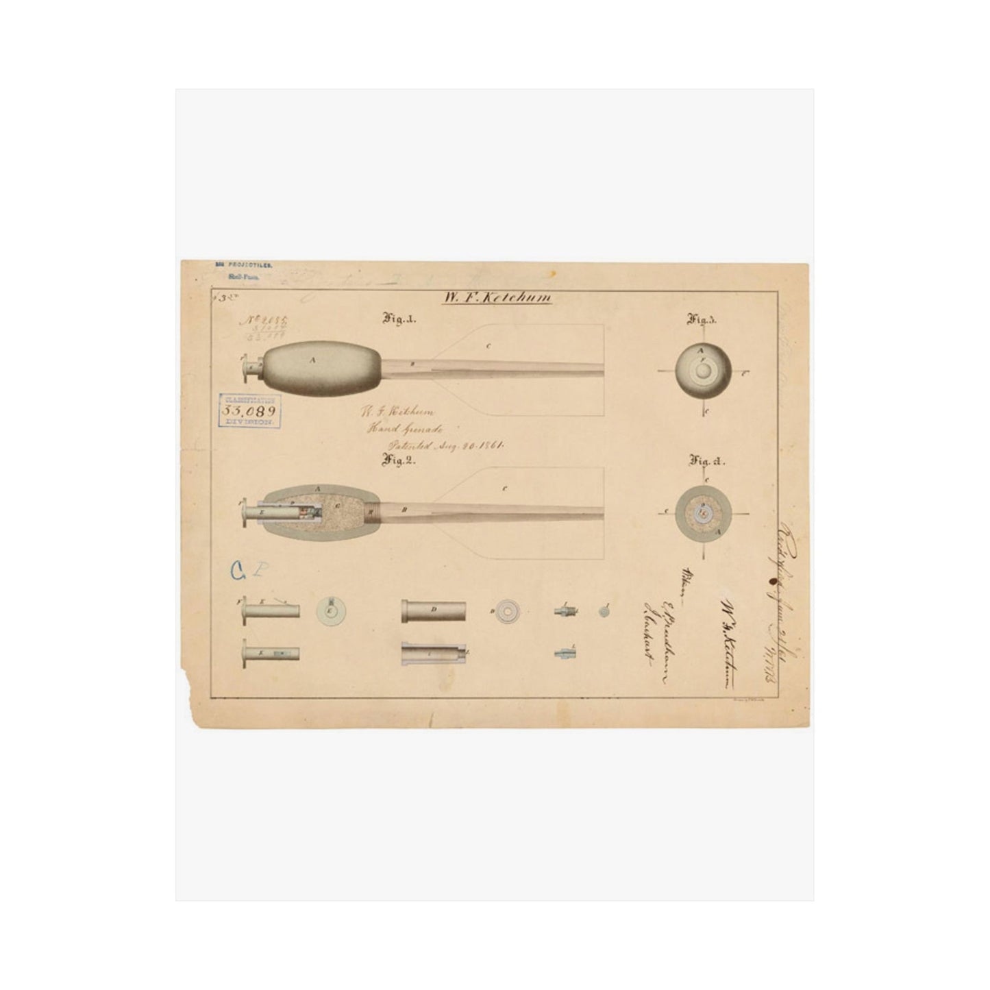 Patent Drawing of Engine - Drawing of Hand Grenade Public domain image High Quality Matte Wall Art Poster for Home, Office, Classroom