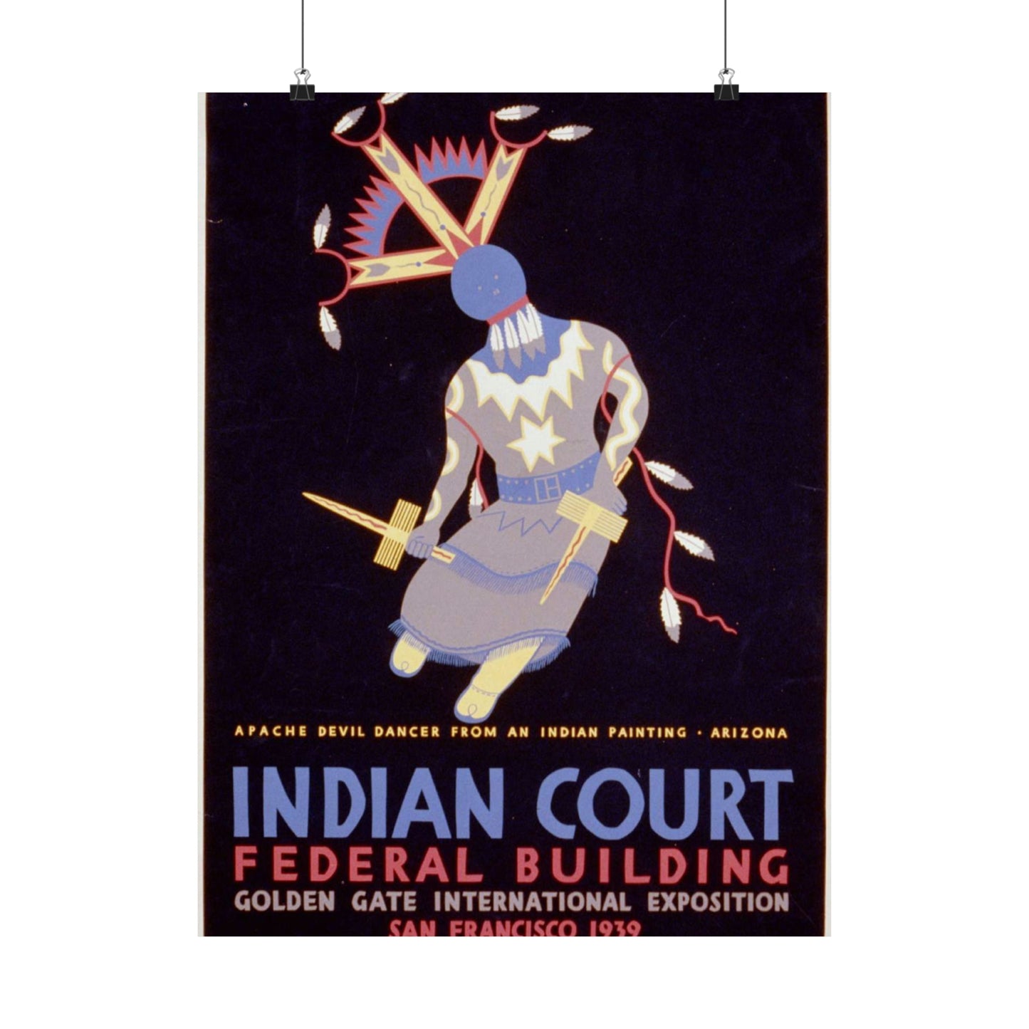 Indian court, Federal Building, Golden Gate International Exposition, San Francisco, 1939 Apache devil dancer from an Indian painting, Arizona / / Siegriest. High Quality Matte Wall Art Poster for Home, Office, Classroom