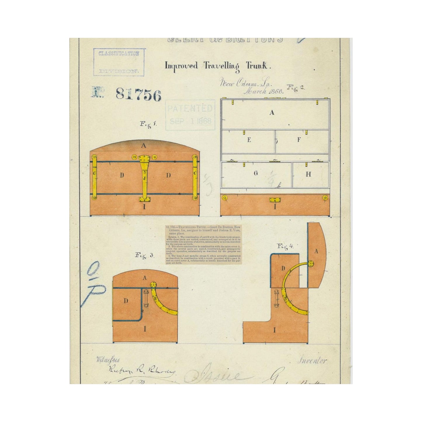 Patent drawing - Drawing of an Improved Traveling Trunk Public domain image High Quality Matte Wall Art Poster for Home, Office, Classroom