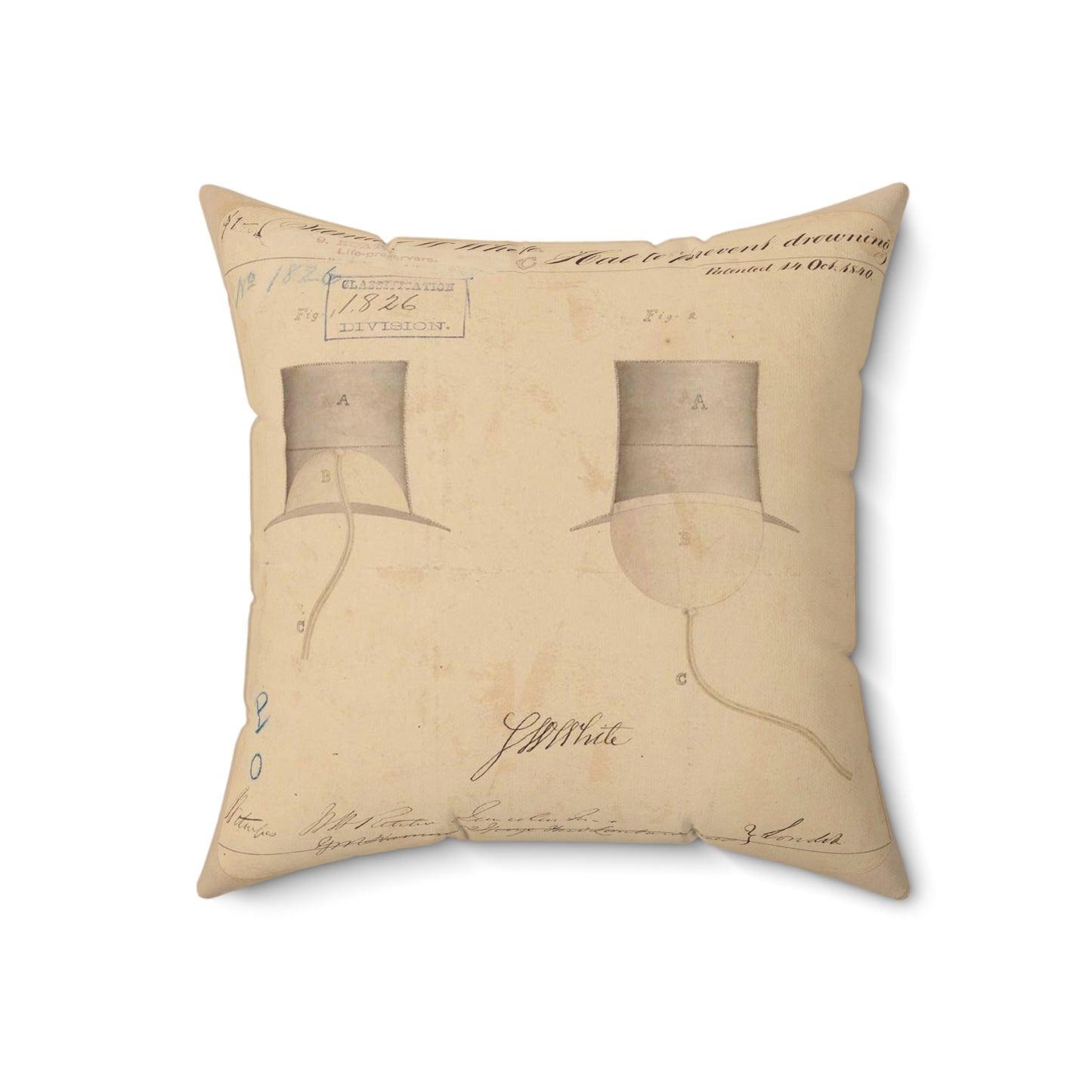 Patent drawing - Drawing of Hat to Prevent Drowning Public domain image Decorative Accent Square Pillow