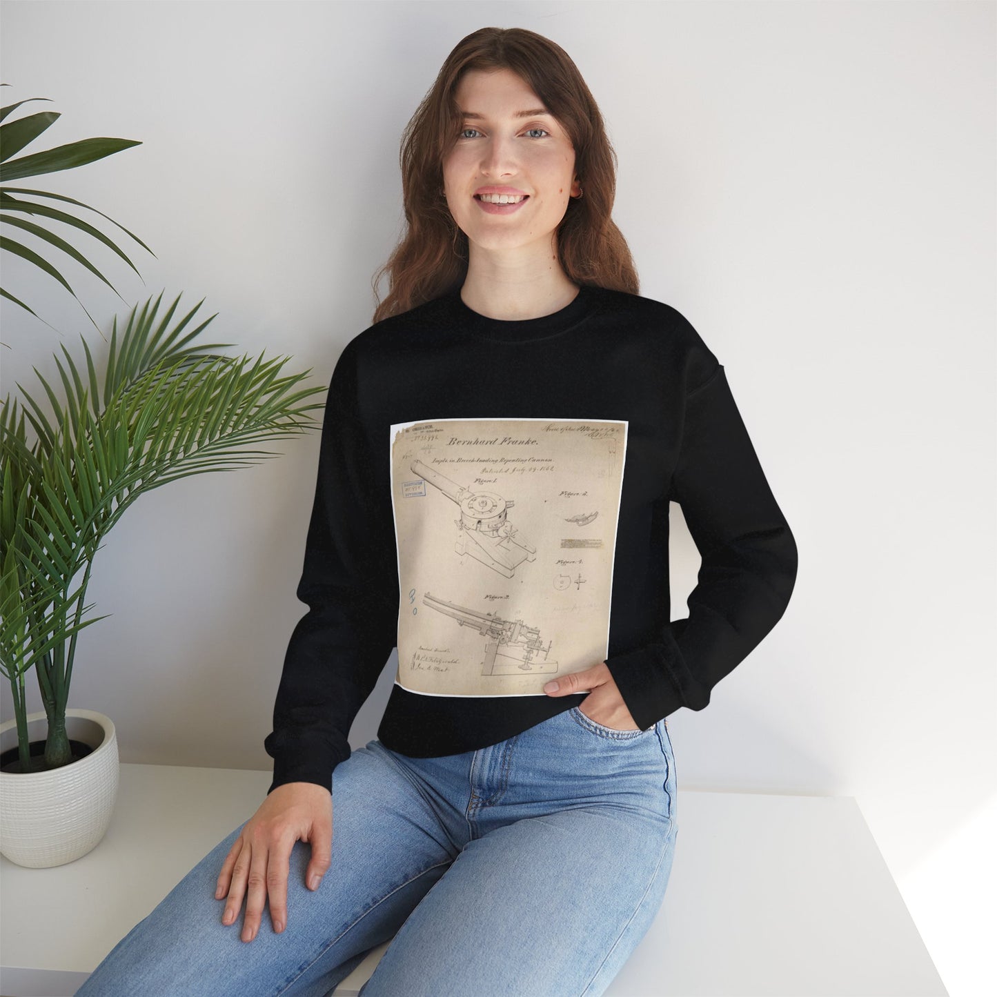 Patent drawing - Drawing of Improvements in Breech-Loading Repeating Cannon Public domain image Black Heavy Blend Adult Crew Neck SweatShirt