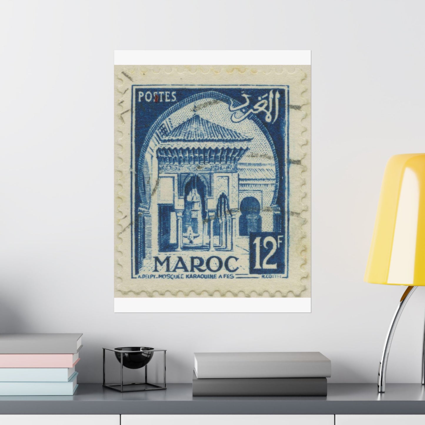 Frimärke ur Gösta Bodmans filatelistiska motivsamling, påbörjad 1950.Frimärke från Franska Marocko, 1951. Motiv av moskéen Karaouin. High Quality Matte Wall Art Poster for Home, Office, Classroom