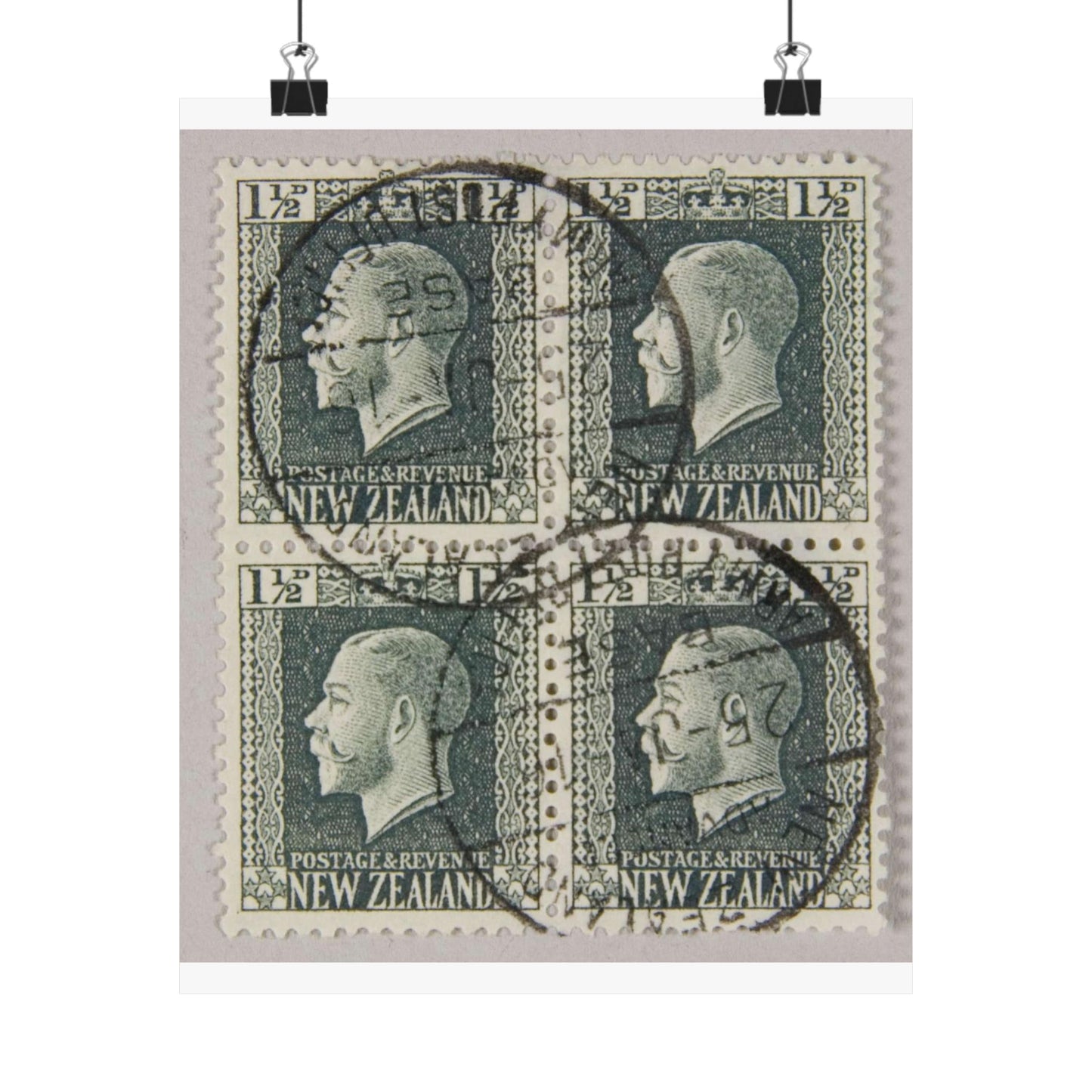 Block of one and a half penny 'King George V' definitive stamps in grey slate High Quality Matte Wall Art Poster for Home, Office, Classroom