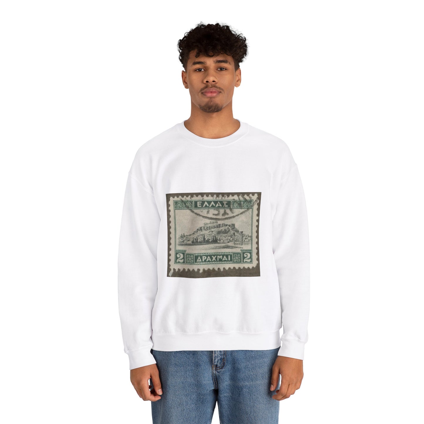 Frimärke ur Gösta Bodmans filatelistiska motivsamling, påbörjad 1950.Frimärke från Grekland, 1927. Motiv av Akropolis. White Heavy Blend Adult Crew Neck SweatShirt