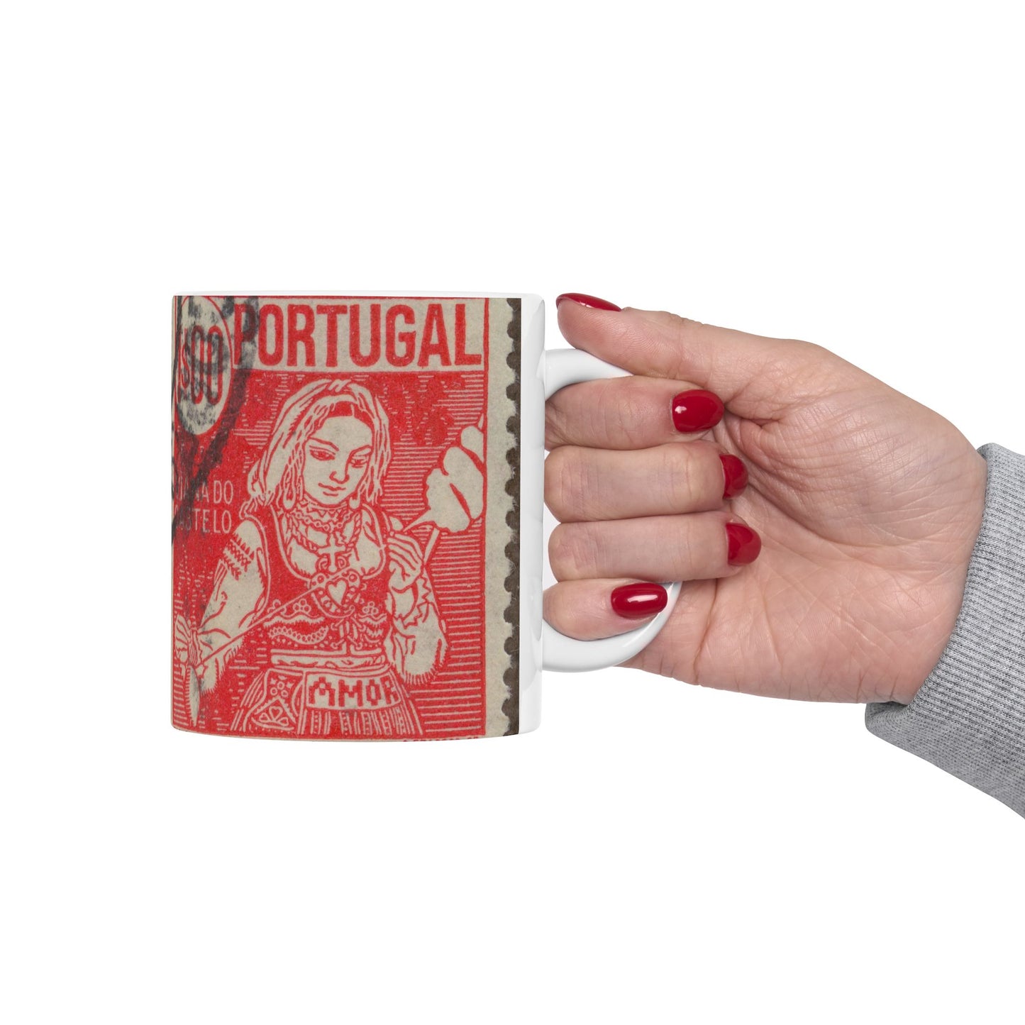 Frimärke ur Gösta Bodmans filatelistiska motivsamling, påbörjad 1950.Frimärke frånPortugal, 1941. Motiv av garnspinnande med slända. "Kvinna från Viana do Castelo". Beautiful Novelty Ceramic Coffee Mug 11oz