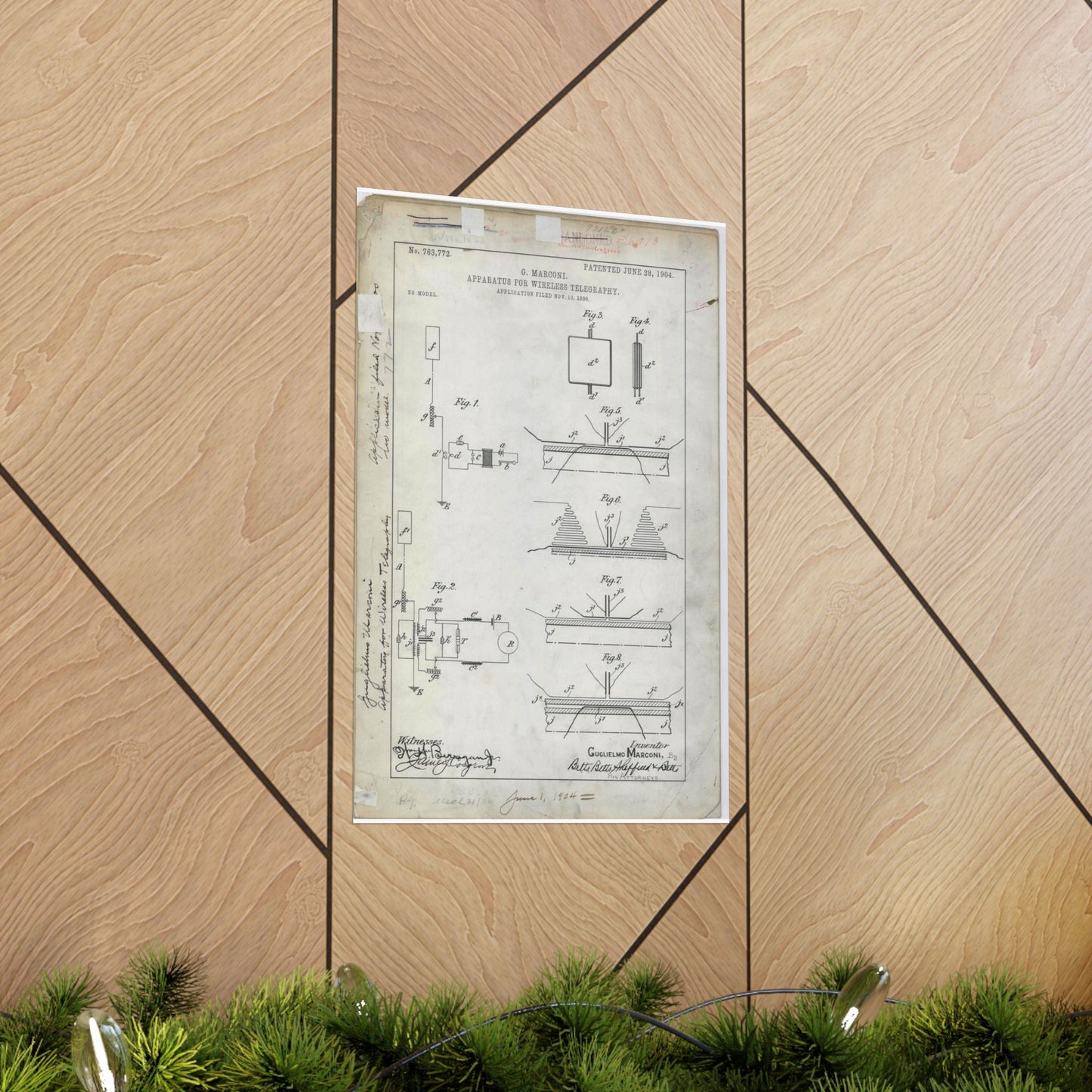 Patent drawing - for G. Marconi's Apparatus for Wireless Telegraphy Public domain image High Quality Matte Wall Art Poster for Home, Office, Classroom