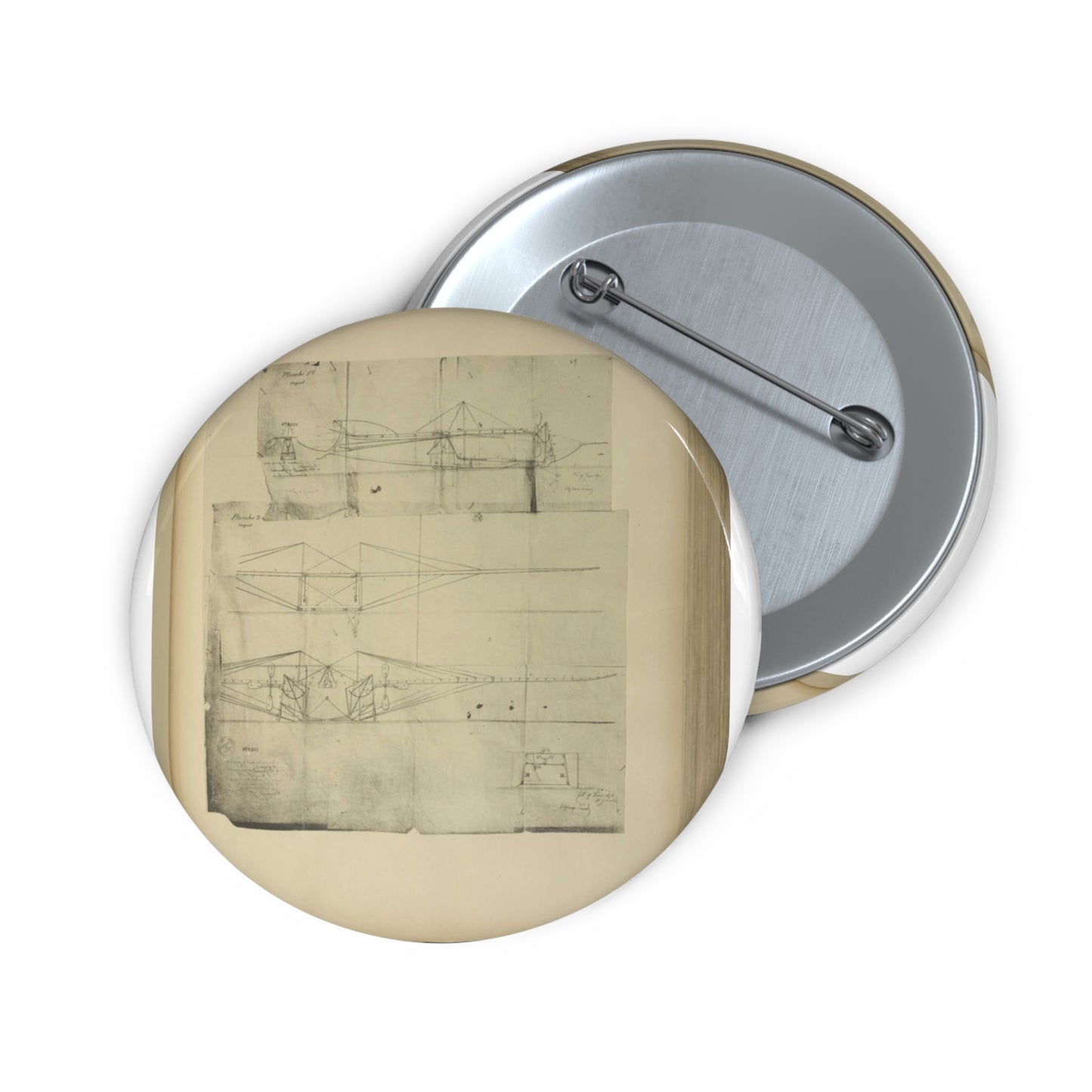Patent drawing - Planche I et II du brevet n° 111.574 pris en France le 16 février 1876, par Penaud et Gauchot, pour «Un aéro-plane ou appareil aérien volant». Public domain image Pin Buttons with Crisp Design