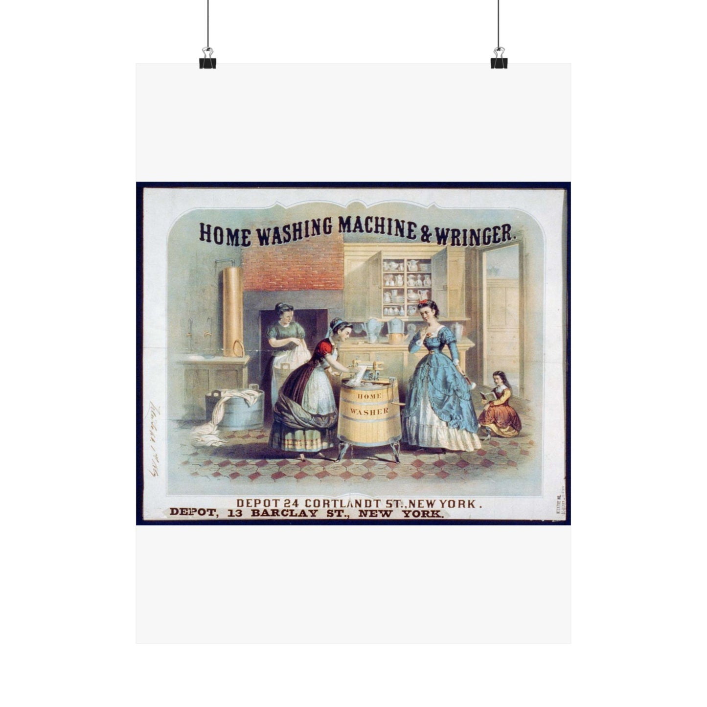 Home washing machine & wringer - A painting of women washing machines in a kitchen High Quality Matte Wall Art Poster for Home, Office, Classroom