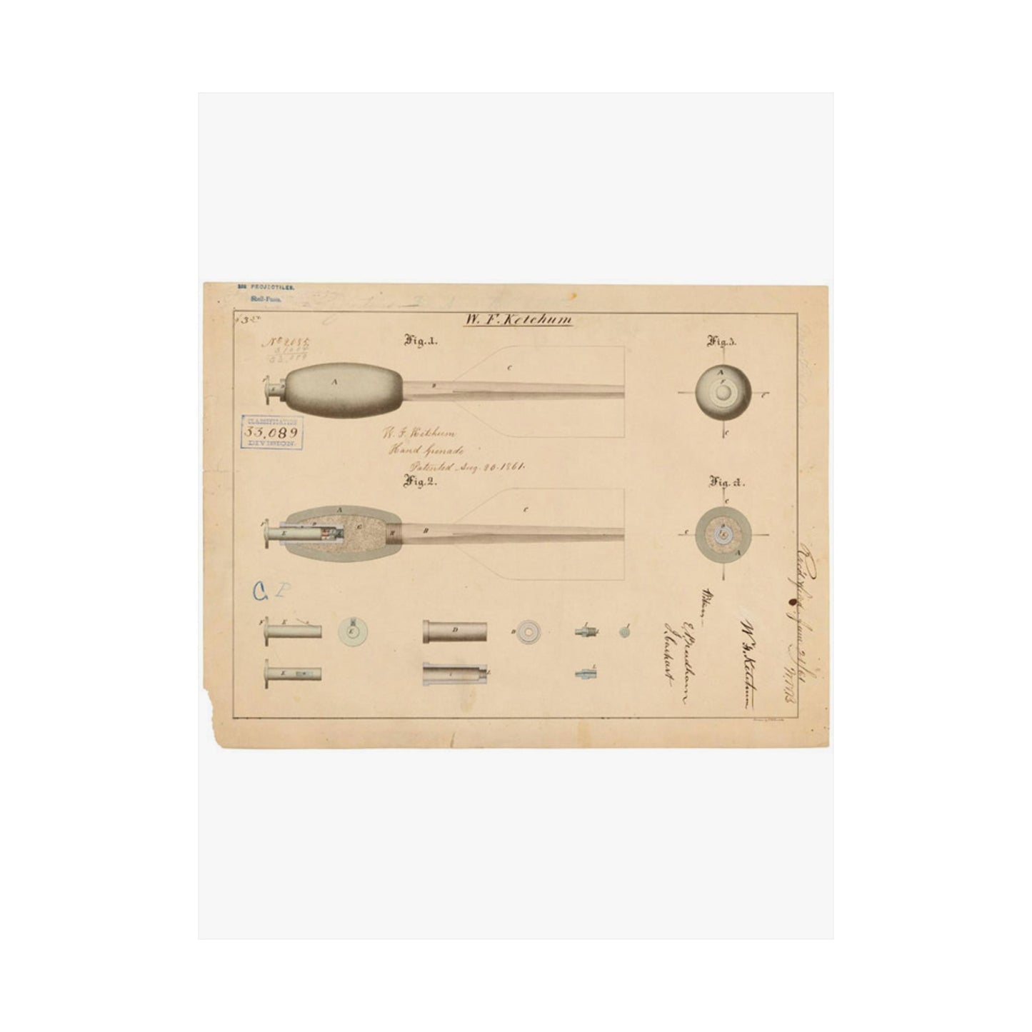 Patent Drawing of Engine - Drawing of Hand Grenade Public domain image High Quality Matte Wall Art Poster for Home, Office, Classroom