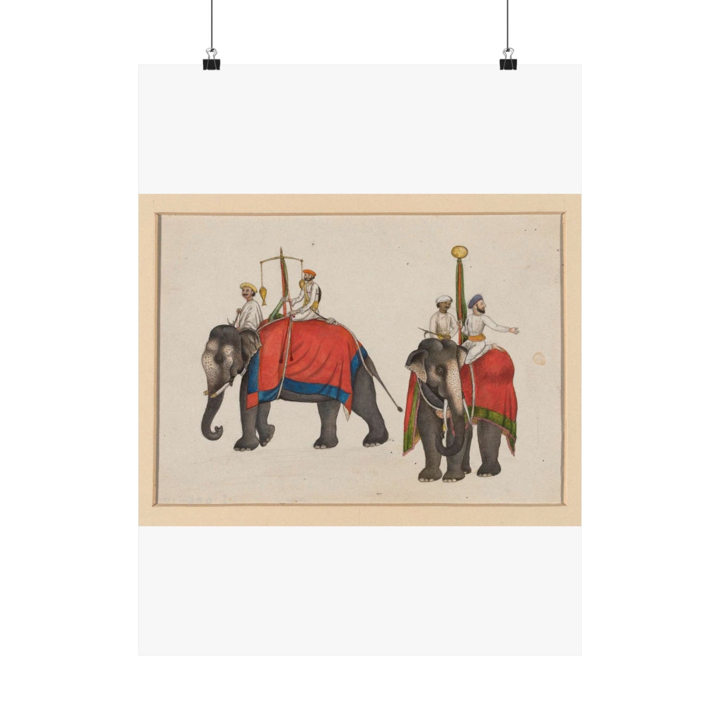 Two elephants carrying the fish and sun insignia of Mughal sovereignty High Quality Matte Wall Art Poster for Home, Office, Classroom
