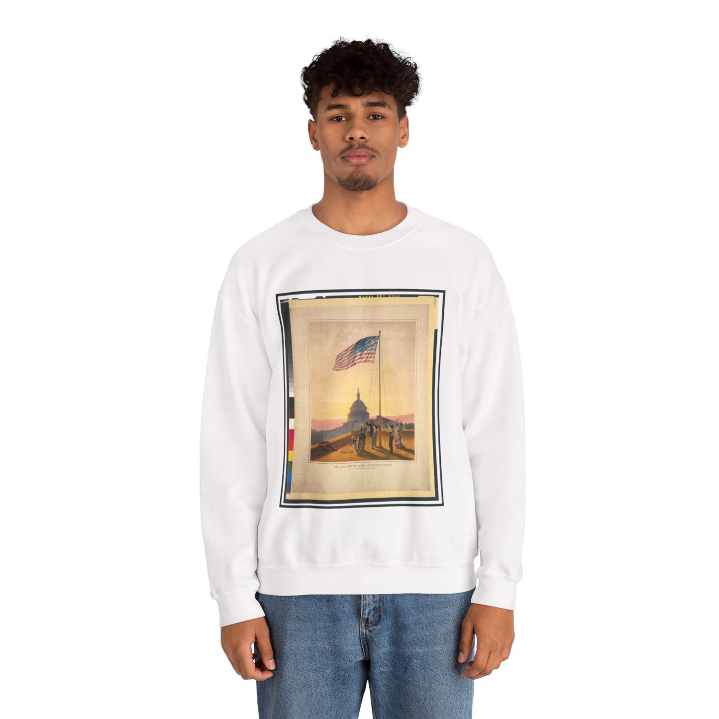 The flag that has waved one hundred years--A scene on the morning of the fourth day of July 1876 / Fabronius ; E.P. & L. Restein's oilchromo, Philadelphia. ; National Chromo Co. pub., Philadelphia. White Heavy Blend Adult Crew Neck SweatShirt