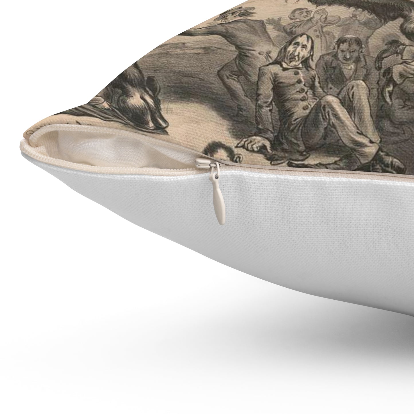 Giant bock goat resting on a keg, holding a mug of beer, men under the goat scrambling Decorative Accent Square Pillow