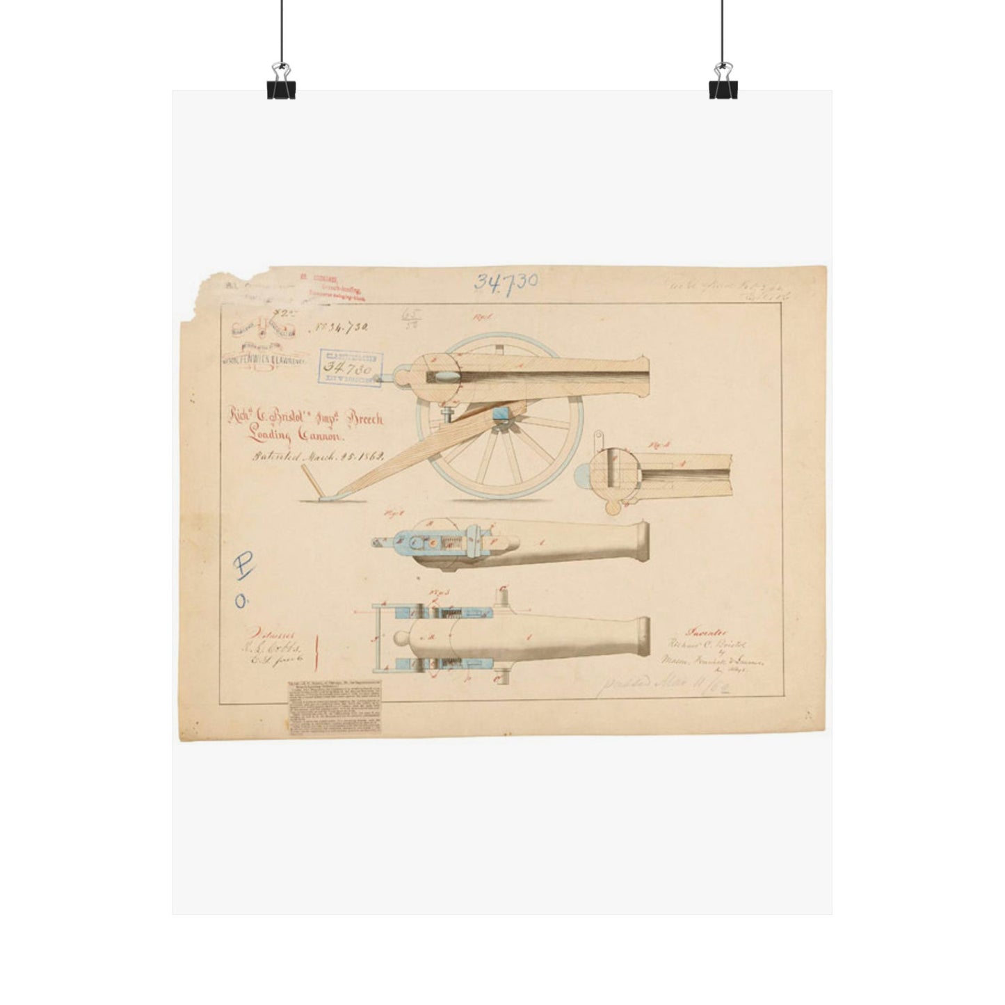 Patent drawing - Drawing of Improved Breech Loading Cannon Public domain image High Quality Matte Wall Art Poster for Home, Office, Classroom