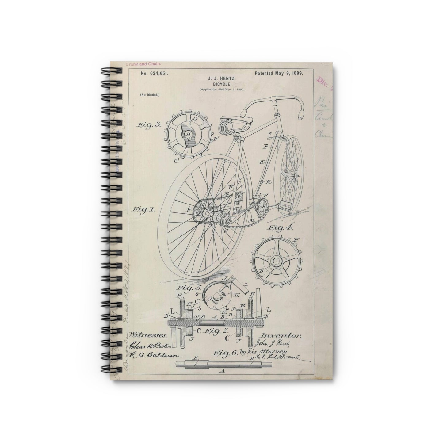 Patent drawing - for J. J. Hentz' Bicycle Public domain image Spiral Bound Ruled Notebook with Printed Cover
