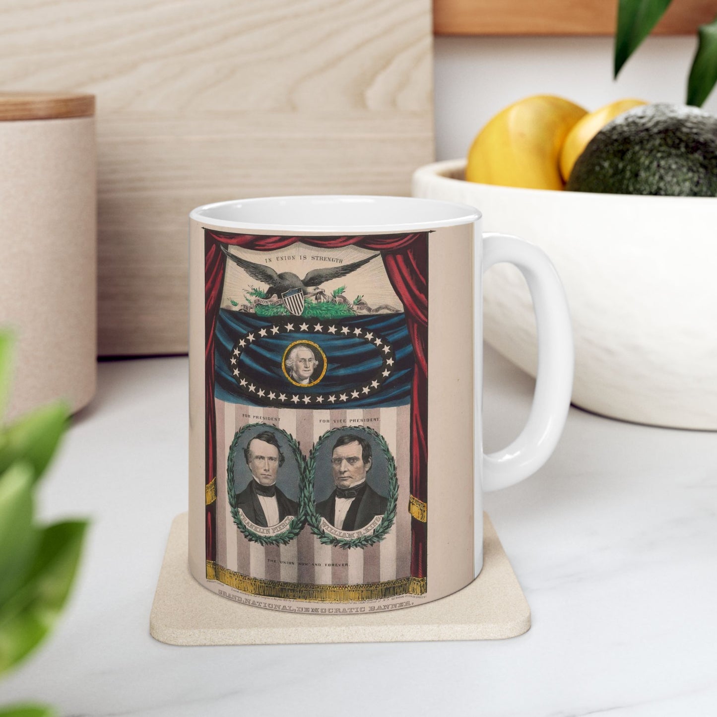 Grand, national, democratic banner - press onward - portraits from daguerreotype / lith. & pub. by N. Currier. Beautiful Novelty Ceramic Coffee Mug 11oz