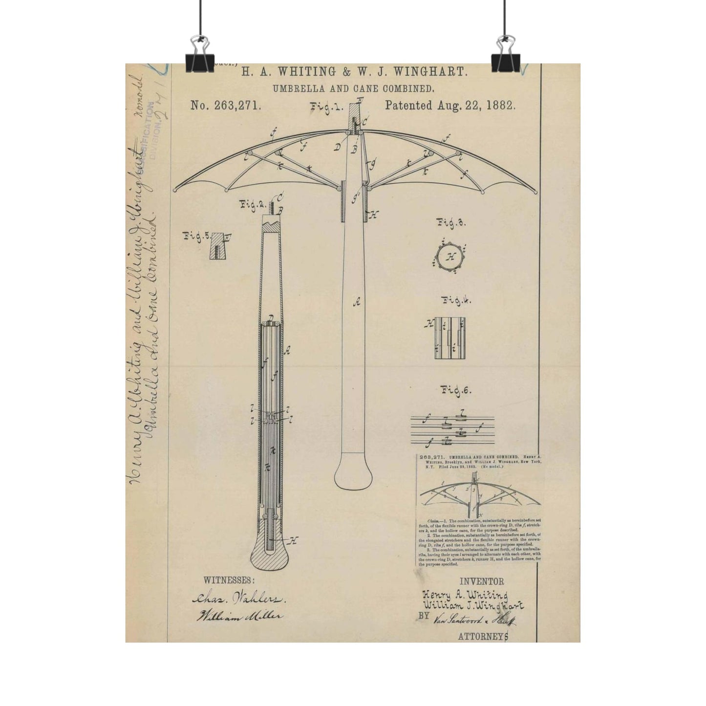 Patent drawing - for H. A. Whiting and W. J. Winghart's Umbrella and Cane Combined Public domain image High Quality Matte Wall Art Poster for Home, Office, Classroom