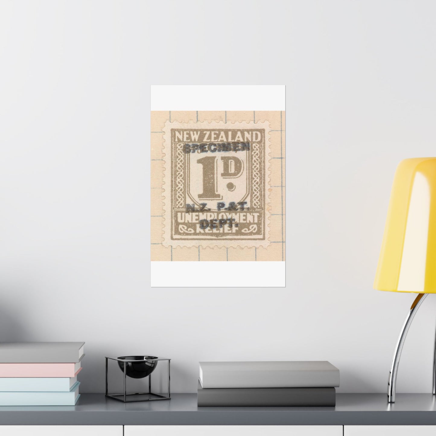 One penny Unemployment Relief stamp overprinted 'Specimen' High Quality Matte Wall Art Poster for Home, Office, Classroom