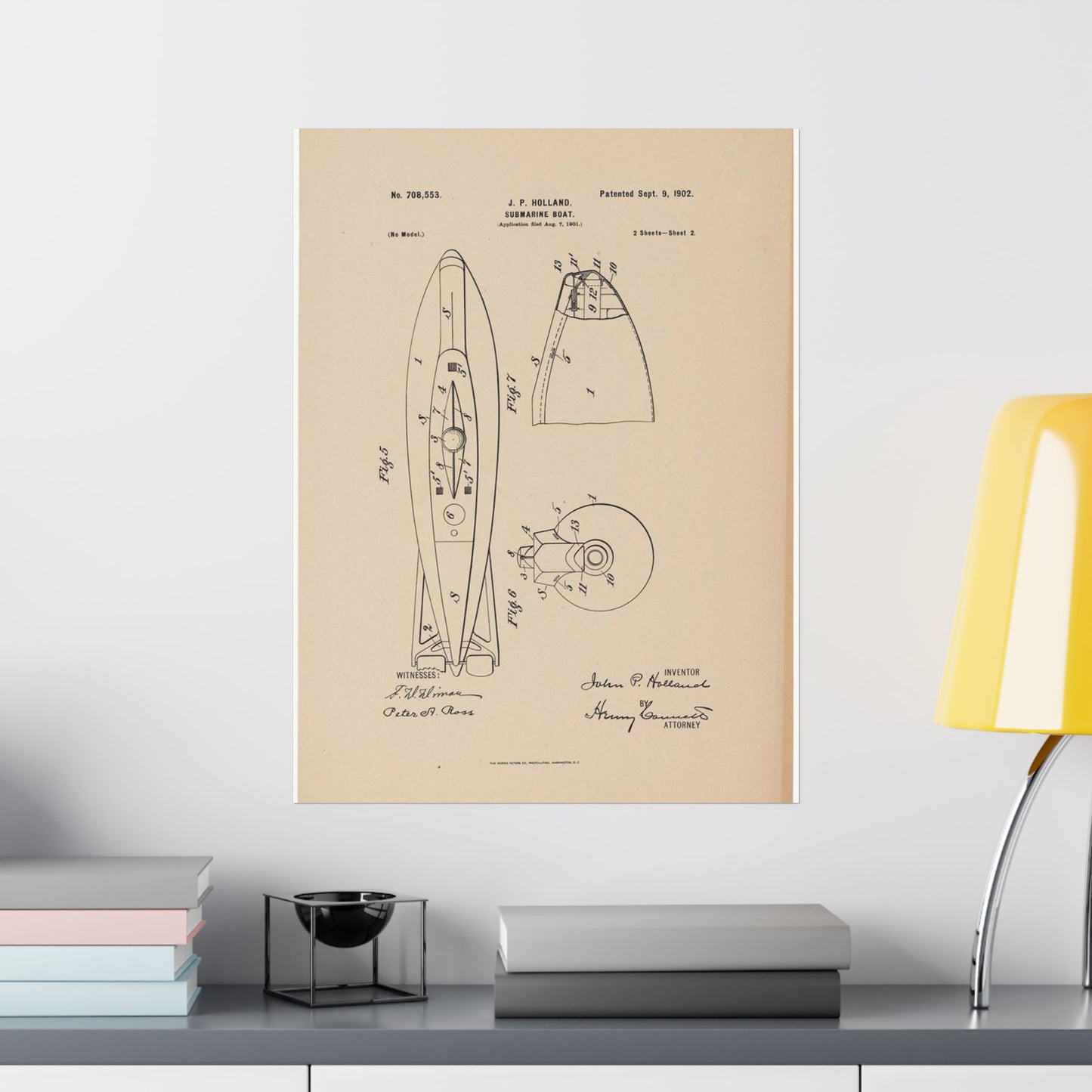 Patent drawing - Drawing for a Submarine Boat Public domain image High Quality Matte Wall Art Poster for Home, Office, Classroom