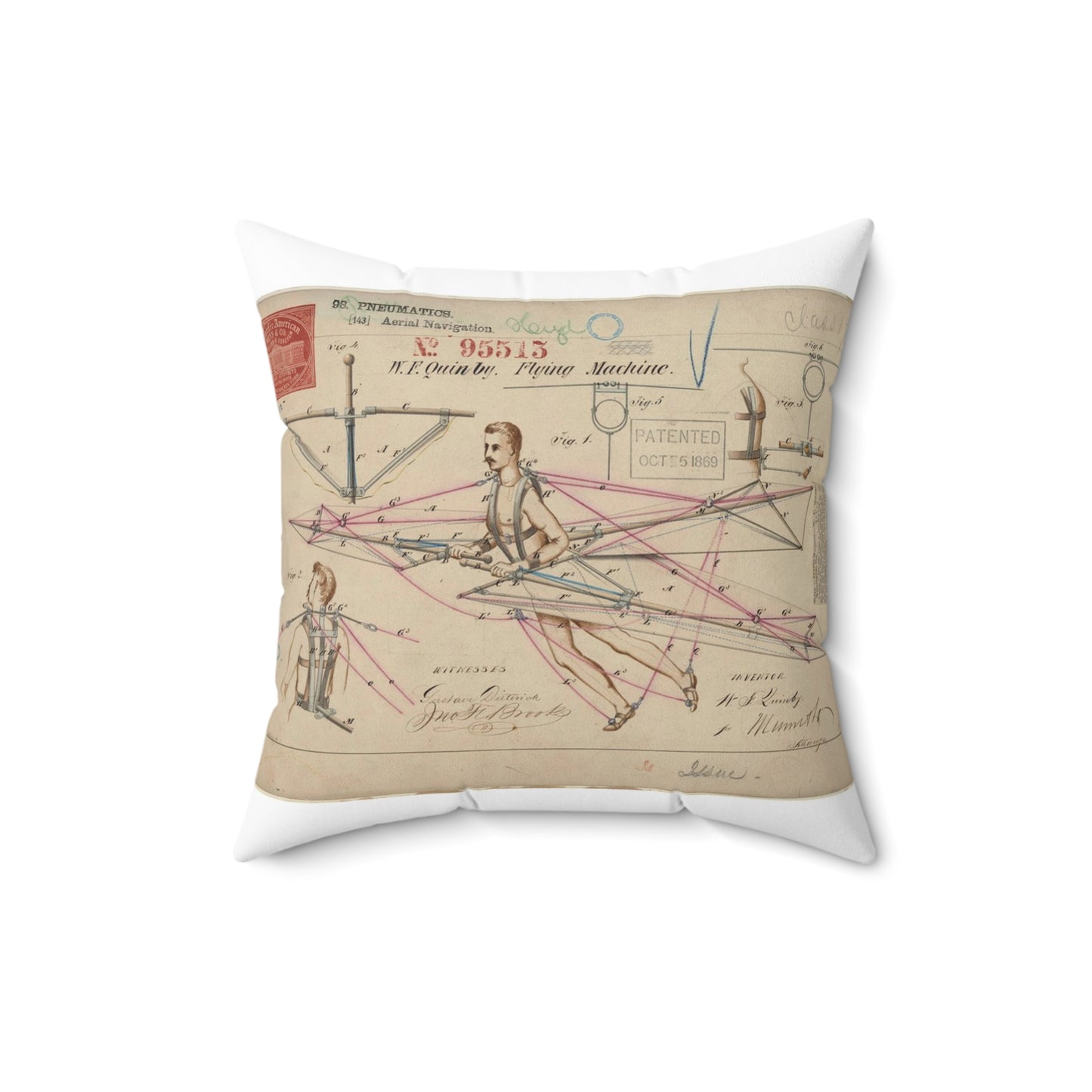 Patent drawing - for a Flying Machine Public domain image Decorative Accent Square Pillow