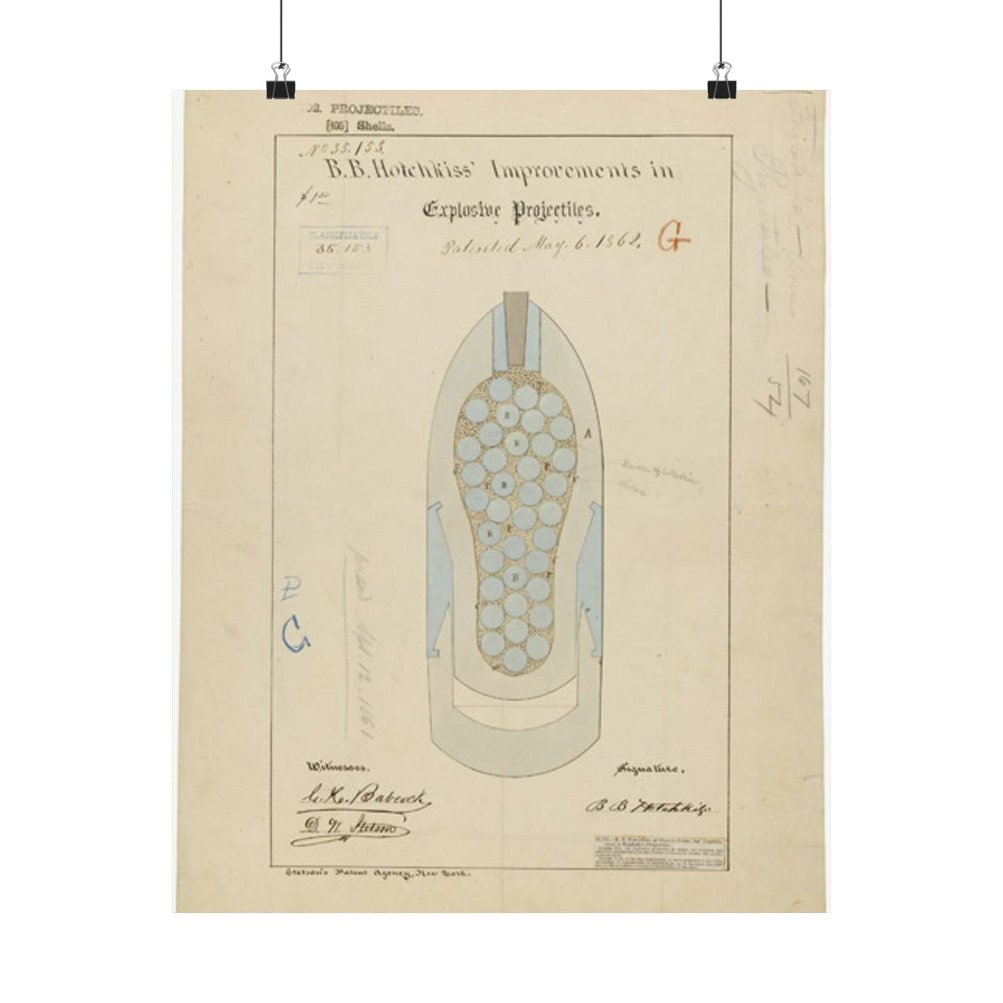 Patent drawing - Drawing of Improvements in Explosive Projectiles Public domain image High Quality Matte Wall Art Poster for Home, Office, Classroom