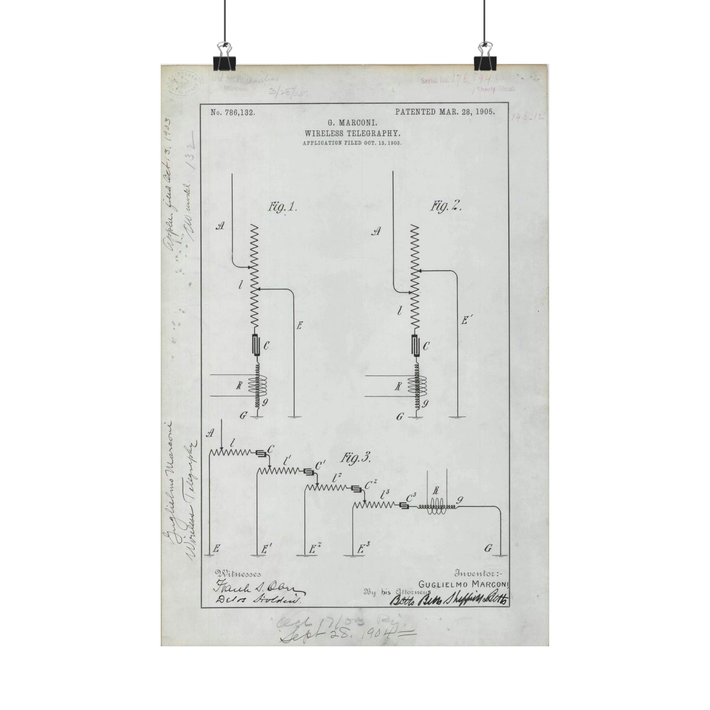Patent drawing - for G. Marconi's Wireless Telegraphy Public domain image High Quality Matte Wall Art Poster for Home, Office, Classroom
