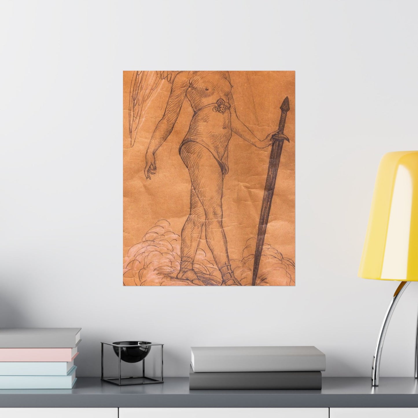 A drawing of an angel holding a sword. Woman breasts sword, beauty fashion. High Quality Matte Wall Art Poster for Home, Office, Classroom