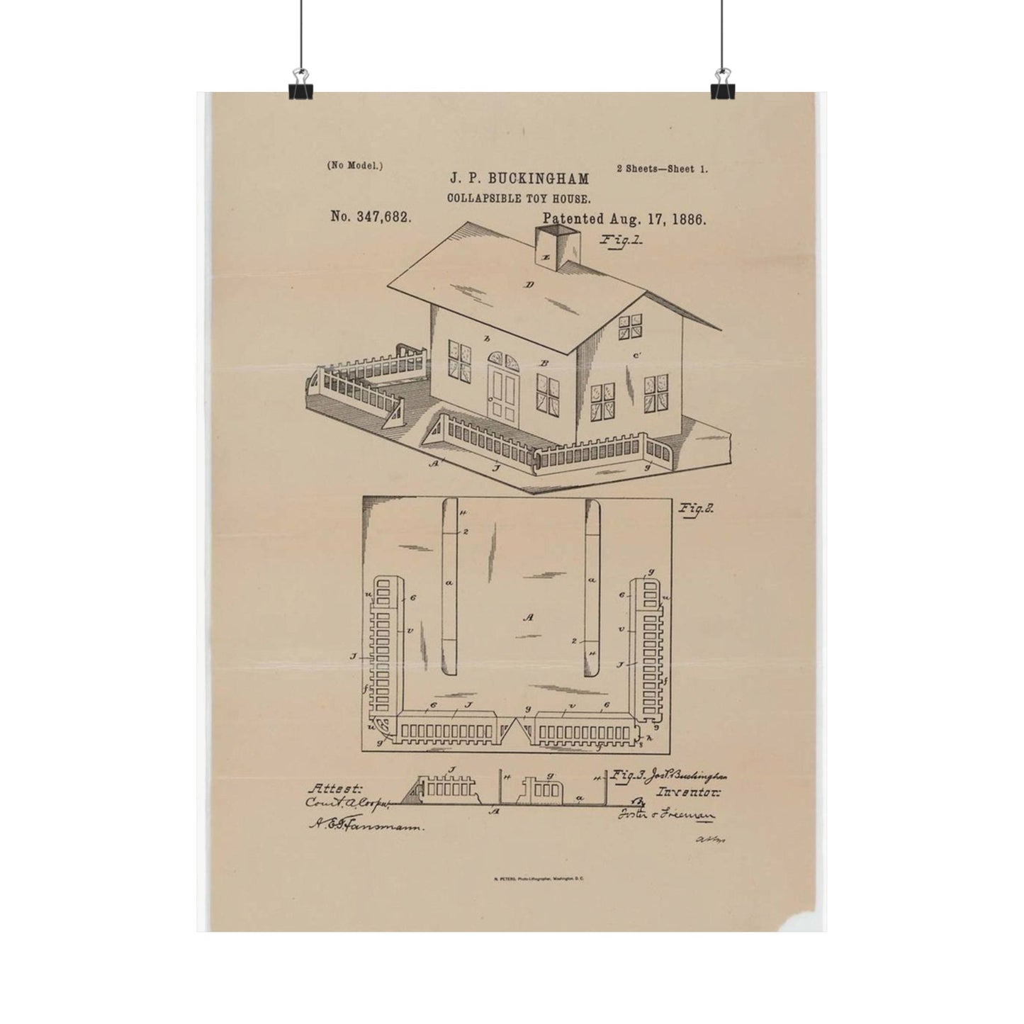 Patent Drawing of Engine - Drawing for a Collapsible Toy House Public domain image High Quality Matte Wall Art Poster for Home, Office, Classroom