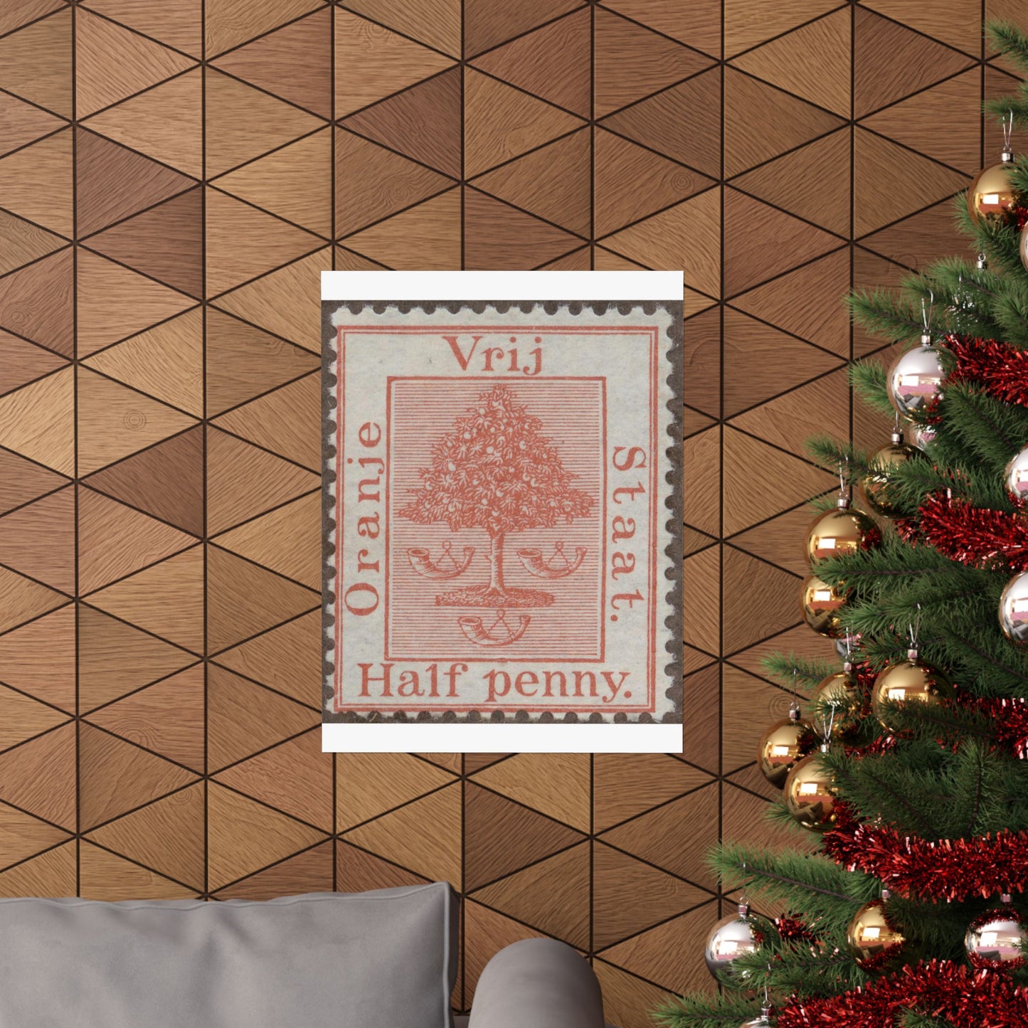 Frimärke ur Gösta Bodmans filatelistiska motivsamling, påbörjad 1950.Frimärke från Oranje -Fristaten. Motiv av apelsinträd med frukter och posthorn. High Quality Matte Wall Art Poster for Home, Office, Classroom