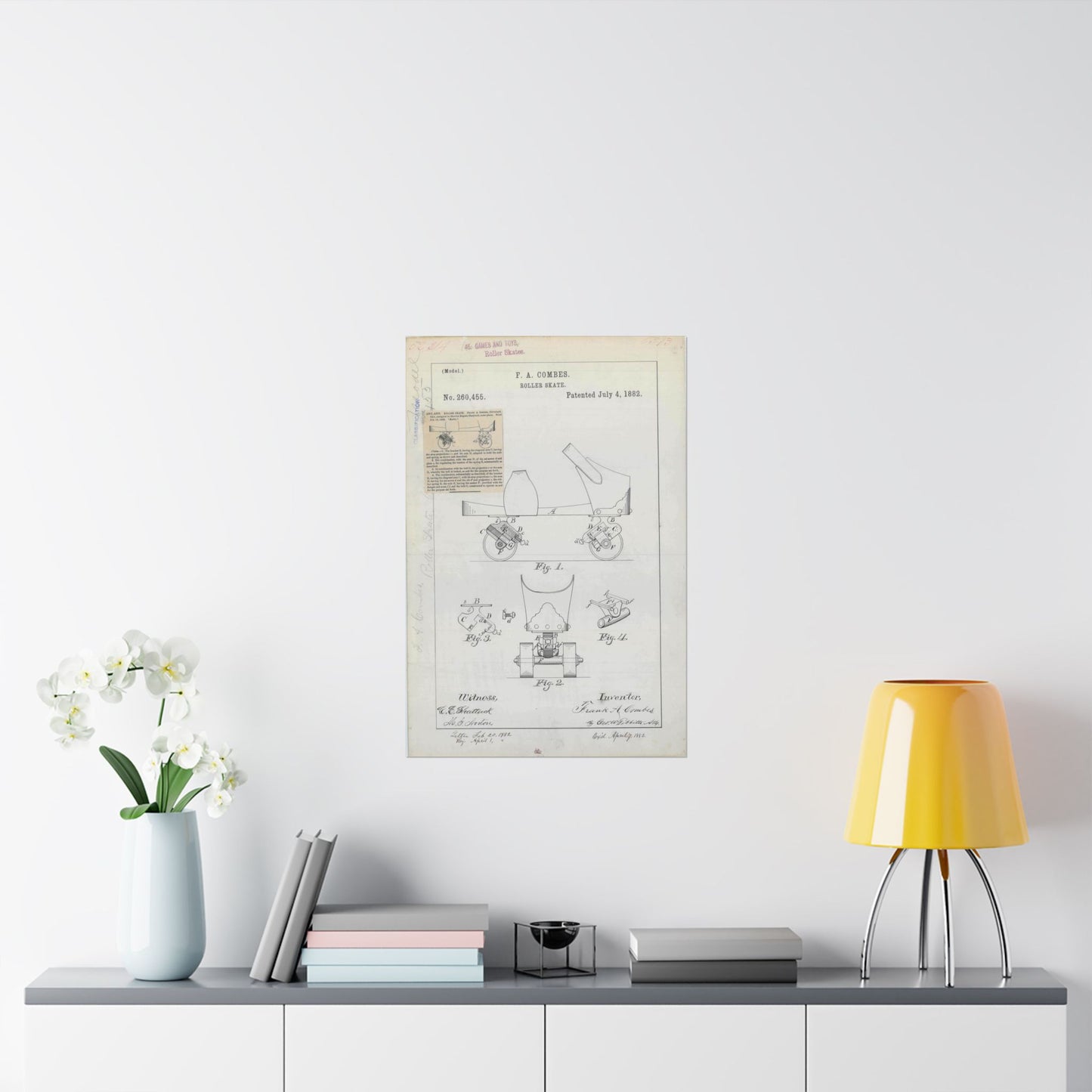Patent drawing - for F. A. Combes' Roller Skate Public domain image High Quality Matte Wall Art Poster for Home, Office, Classroom