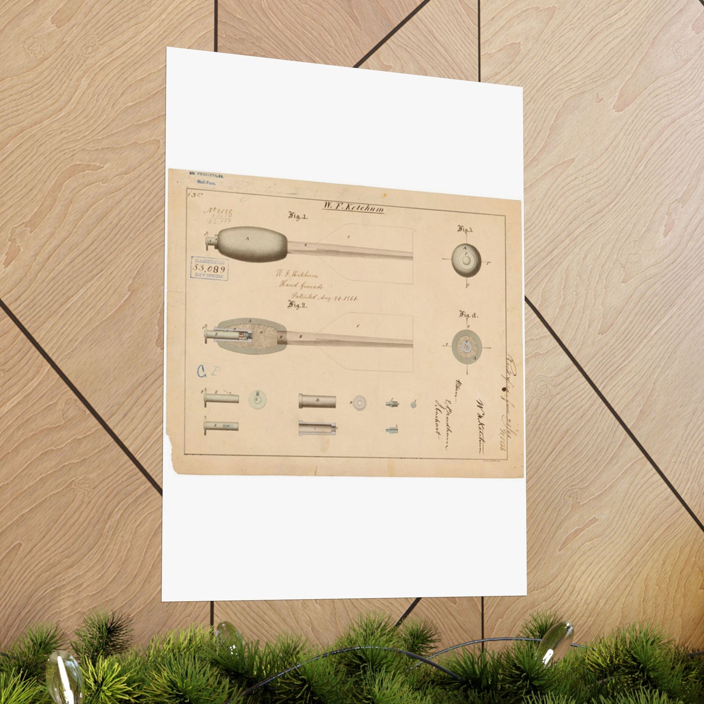 Patent Drawing of Engine - Drawing of Hand Grenade Public domain image High Quality Matte Wall Art Poster for Home, Office, Classroom