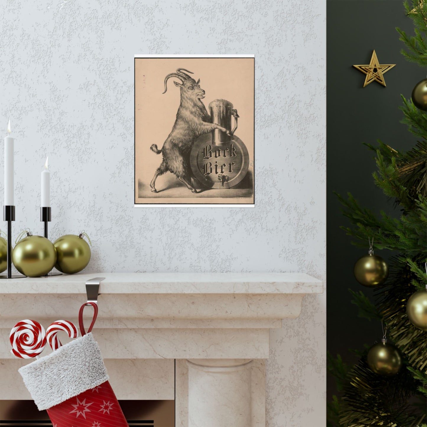 Bock Bier goat on hind legs, holding large mug of beer with front hooves High Quality Matte Wall Art Poster for Home, Office, Classroom