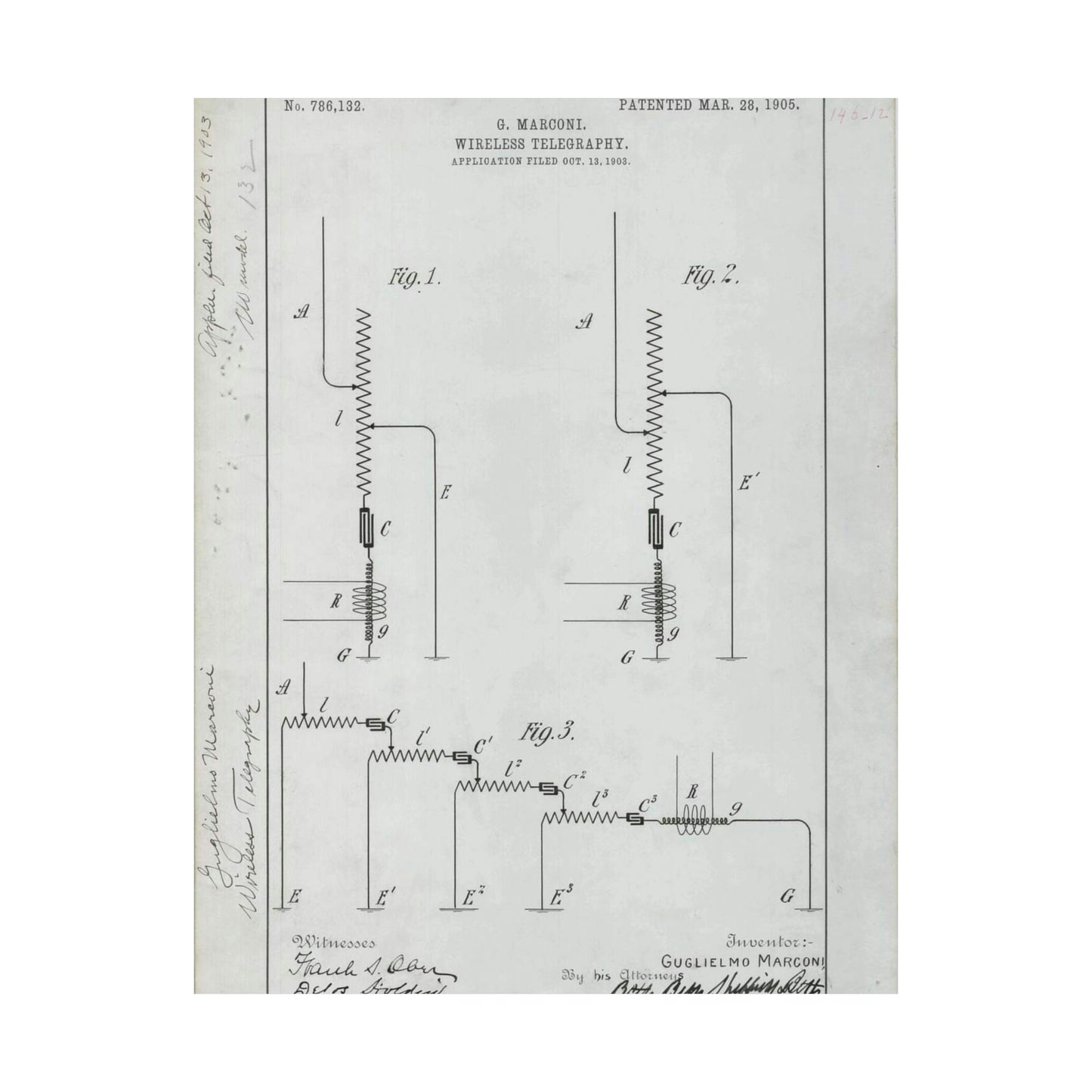 Patent drawing - for G. Marconi's Wireless Telegraphy Public domain image High Quality Matte Wall Art Poster for Home, Office, Classroom