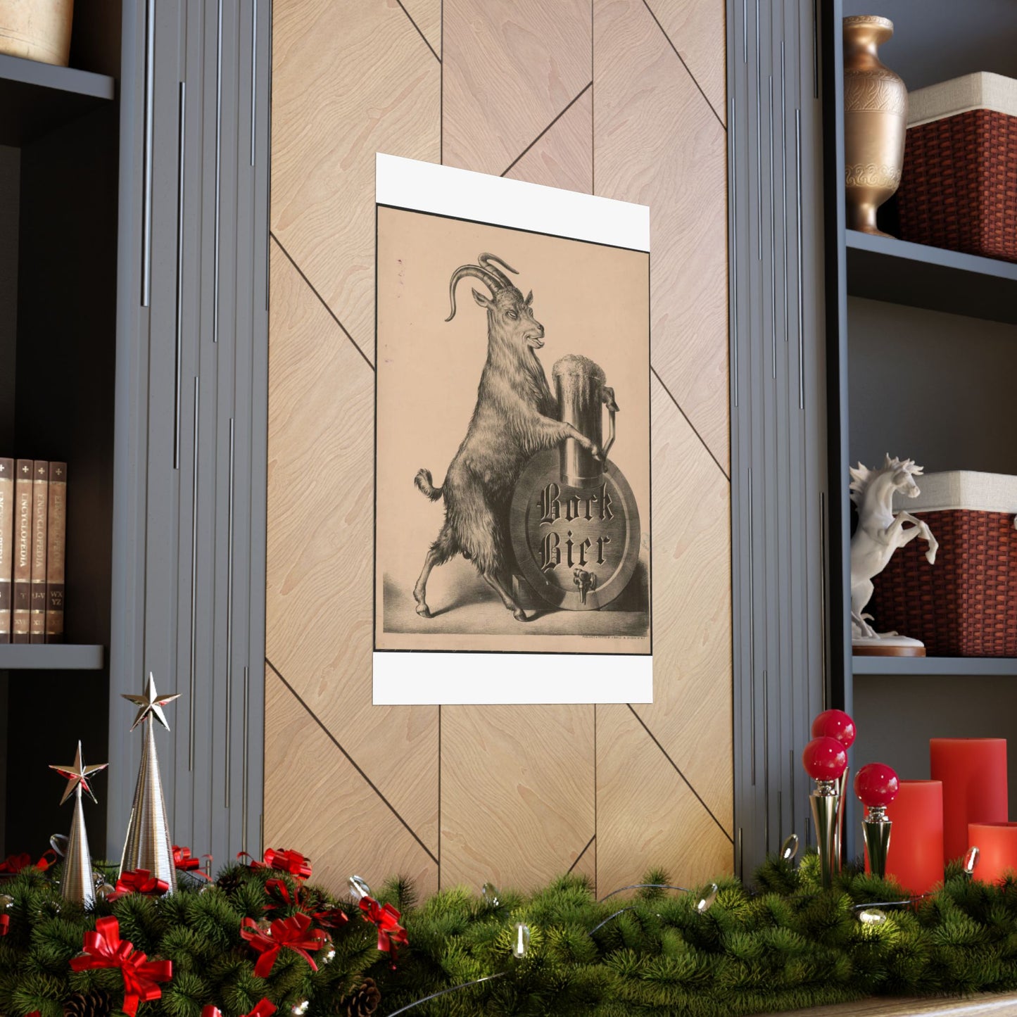 Bock Bier goat on hind legs, holding large mug of beer with front hooves High Quality Matte Wall Art Poster for Home, Office, Classroom