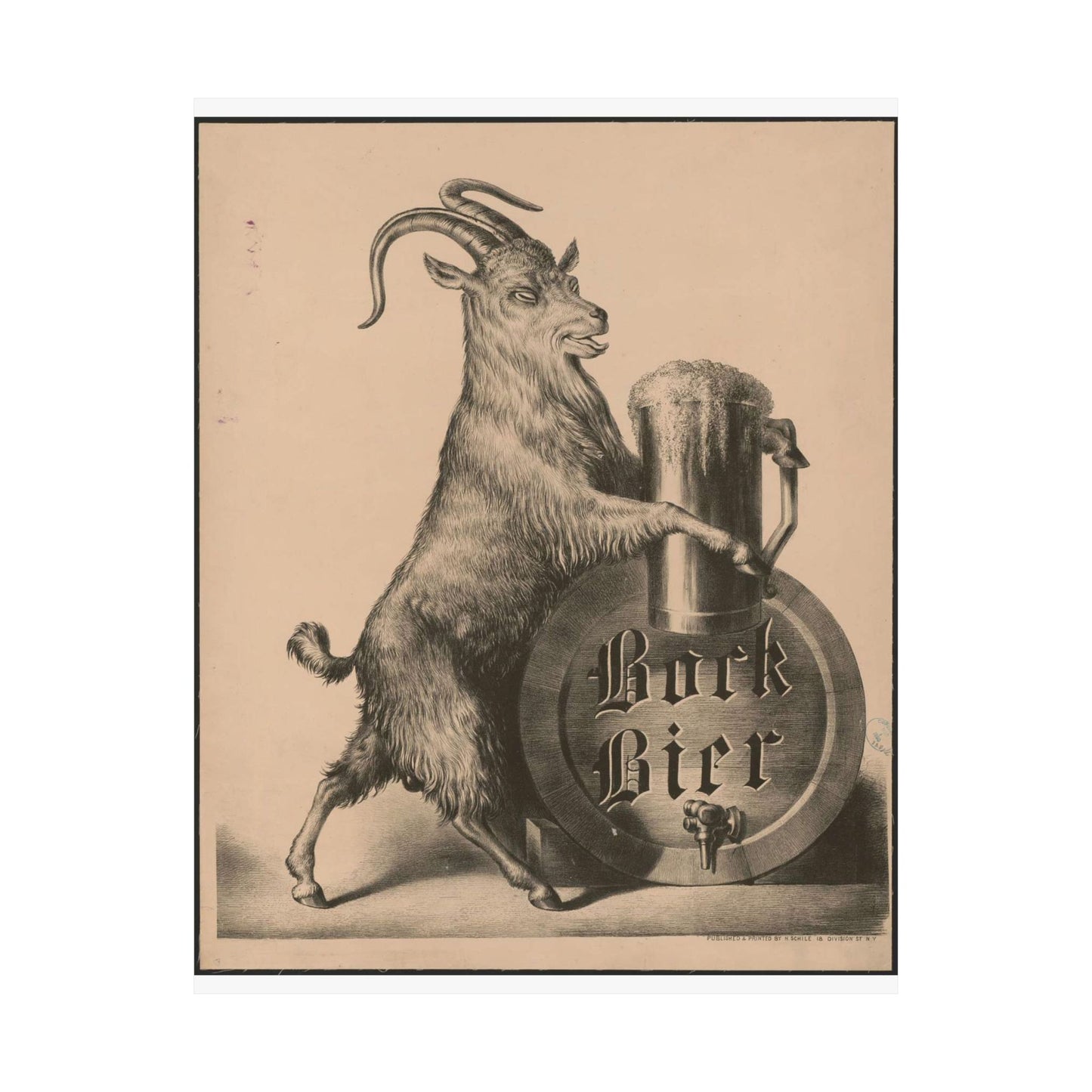Bock Bier goat on hind legs, holding large mug of beer with front hooves High Quality Matte Wall Art Poster for Home, Office, Classroom