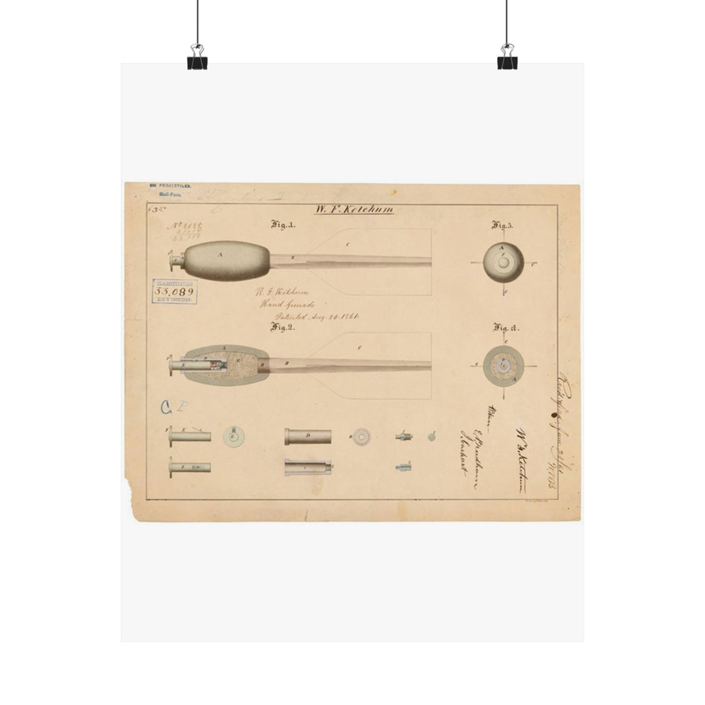 Patent Drawing of Engine - Drawing of Hand Grenade Public domain image High Quality Matte Wall Art Poster for Home, Office, Classroom