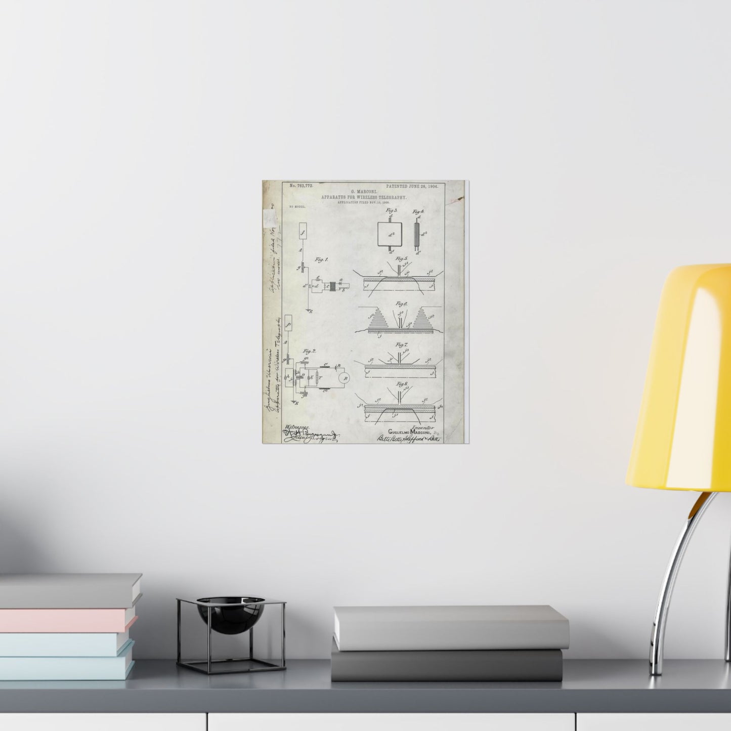 Patent drawing - for G. Marconi's Apparatus for Wireless Telegraphy Public domain image High Quality Matte Wall Art Poster for Home, Office, Classroom