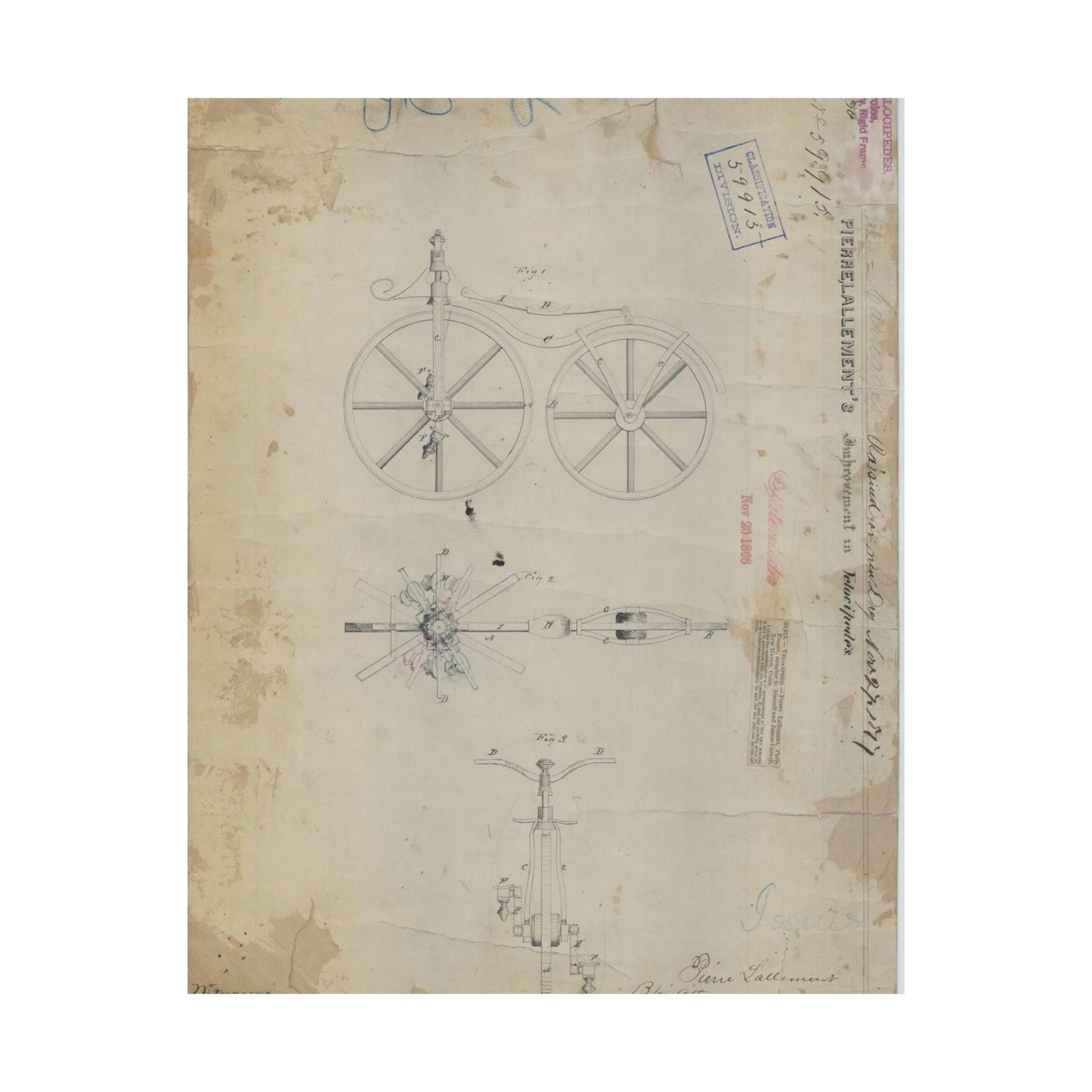 Patent drawing - for Pierre Lallement's Improvement in Velocipedes Public domain image High Quality Matte Wall Art Poster for Home, Office, Classroom