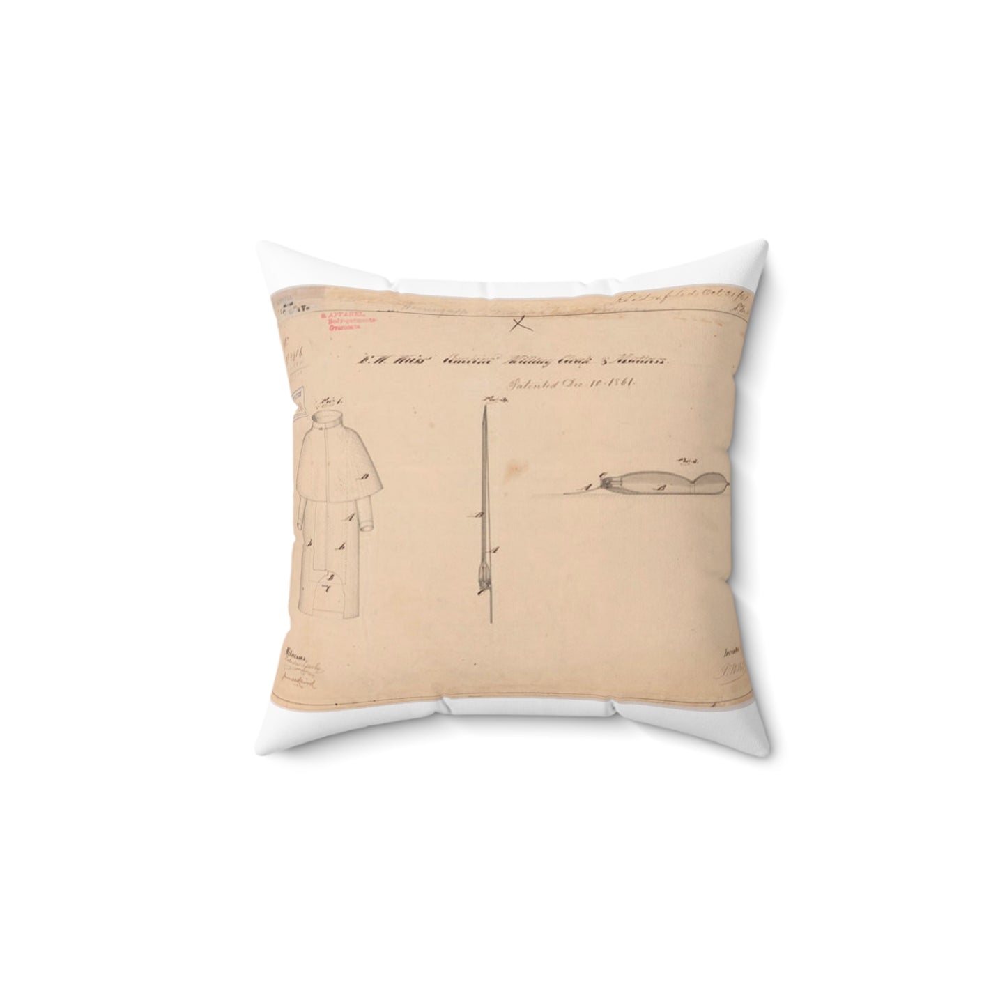 Patent drawing - Drawing of Combined Military Cloak and Mattress Public domain image Decorative Accent Square Pillow