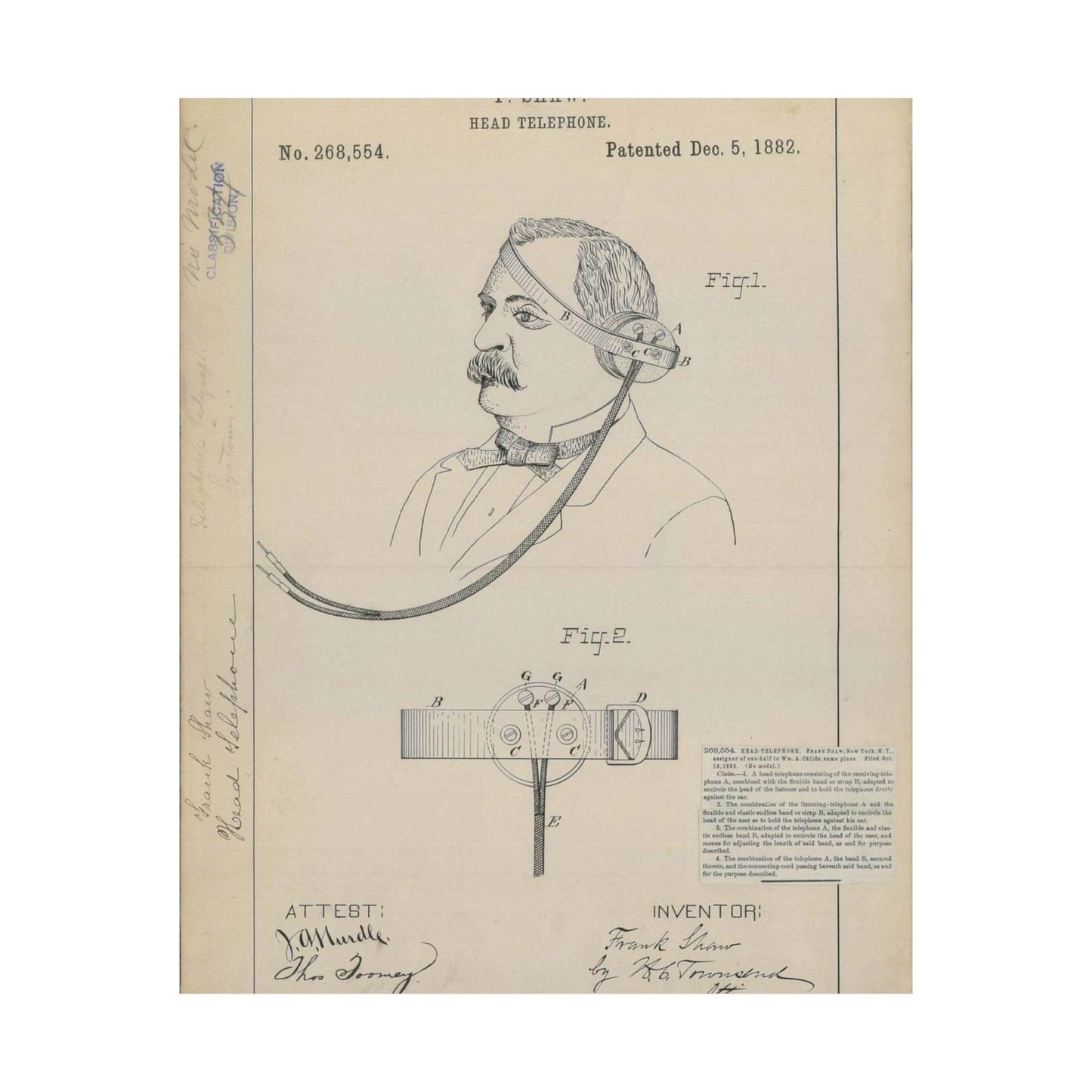 Patent drawing - for F. Shaw's Head Telephone Public domain image High Quality Matte Wall Art Poster for Home, Office, Classroom