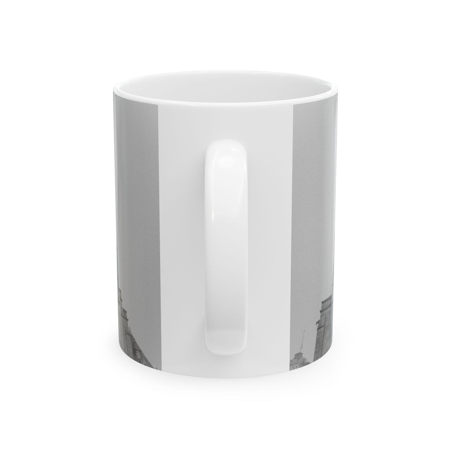 A black and white photo of a large building. Sacred heart cathedral church construction, religion. Beautiful Novelty Ceramic Coffee Mug 11oz